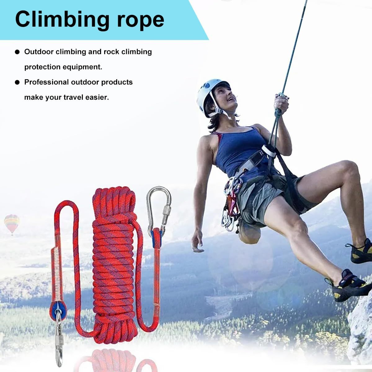 Oligitdi Static Outdoor Climbing Rope with 2 Hooks, 49FT Rappelling Rope for Travel, Hiking Safety Escape Rope, Outdoor, Mountaineering, Hauling