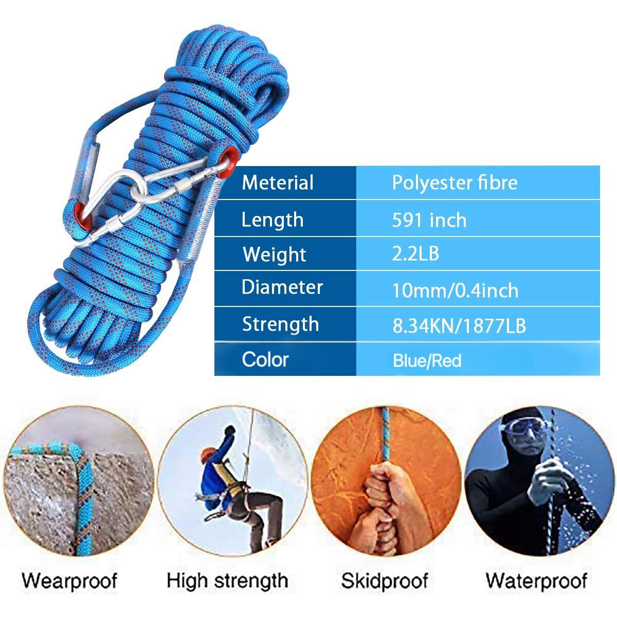 Oligitdi Static Outdoor Climbing Rope with 2 Hooks, 49FT Rappelling Rope for Travel, Hiking Safety Escape Rope, Outdoor, Mountaineering, Hauling