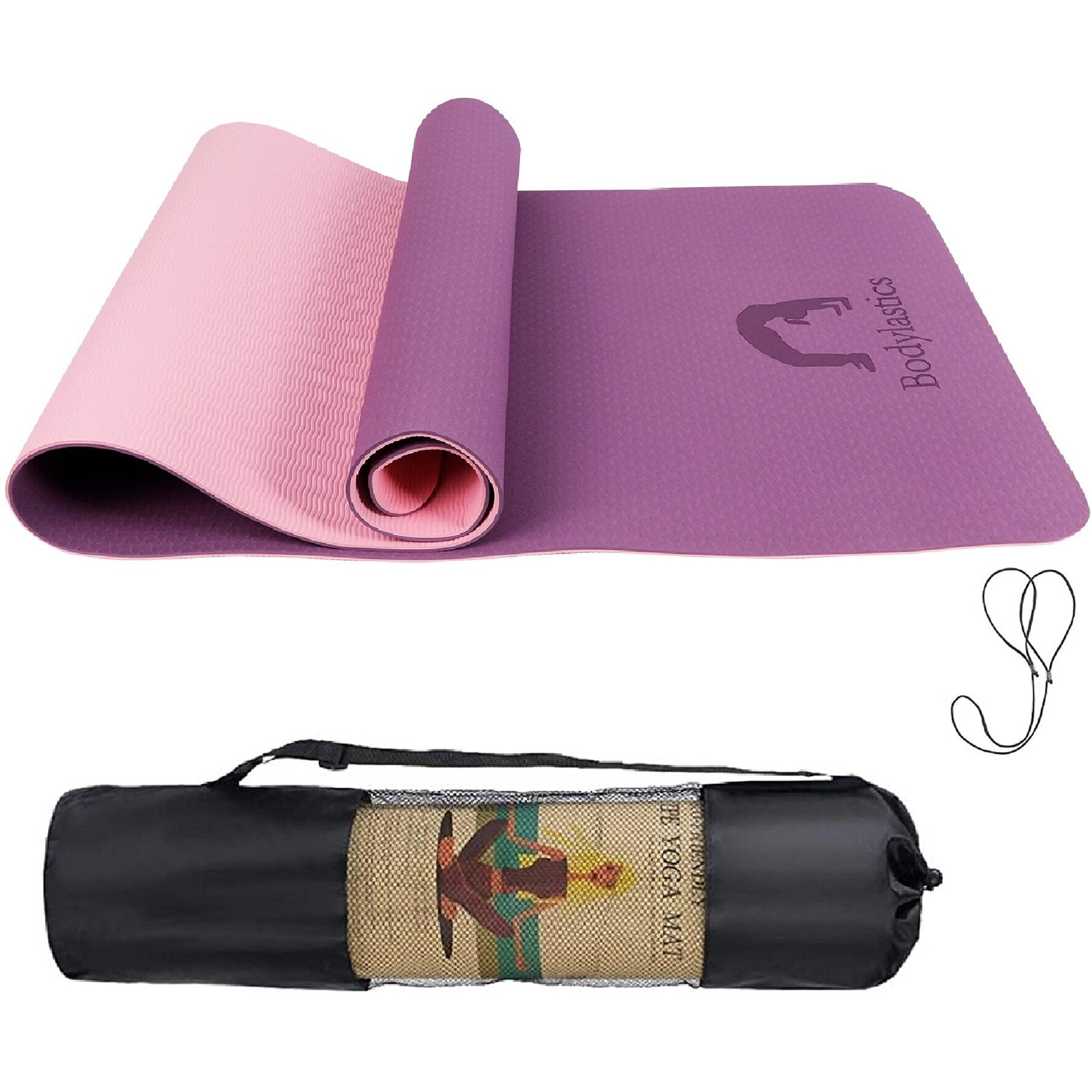 Bodylastics Yoga Mat for Men and Women with Carry Bag TPE 6ft x 2ft x 6mm Large Size Anti Slip & Anti Tear Workout Mat (Purple/Pink)