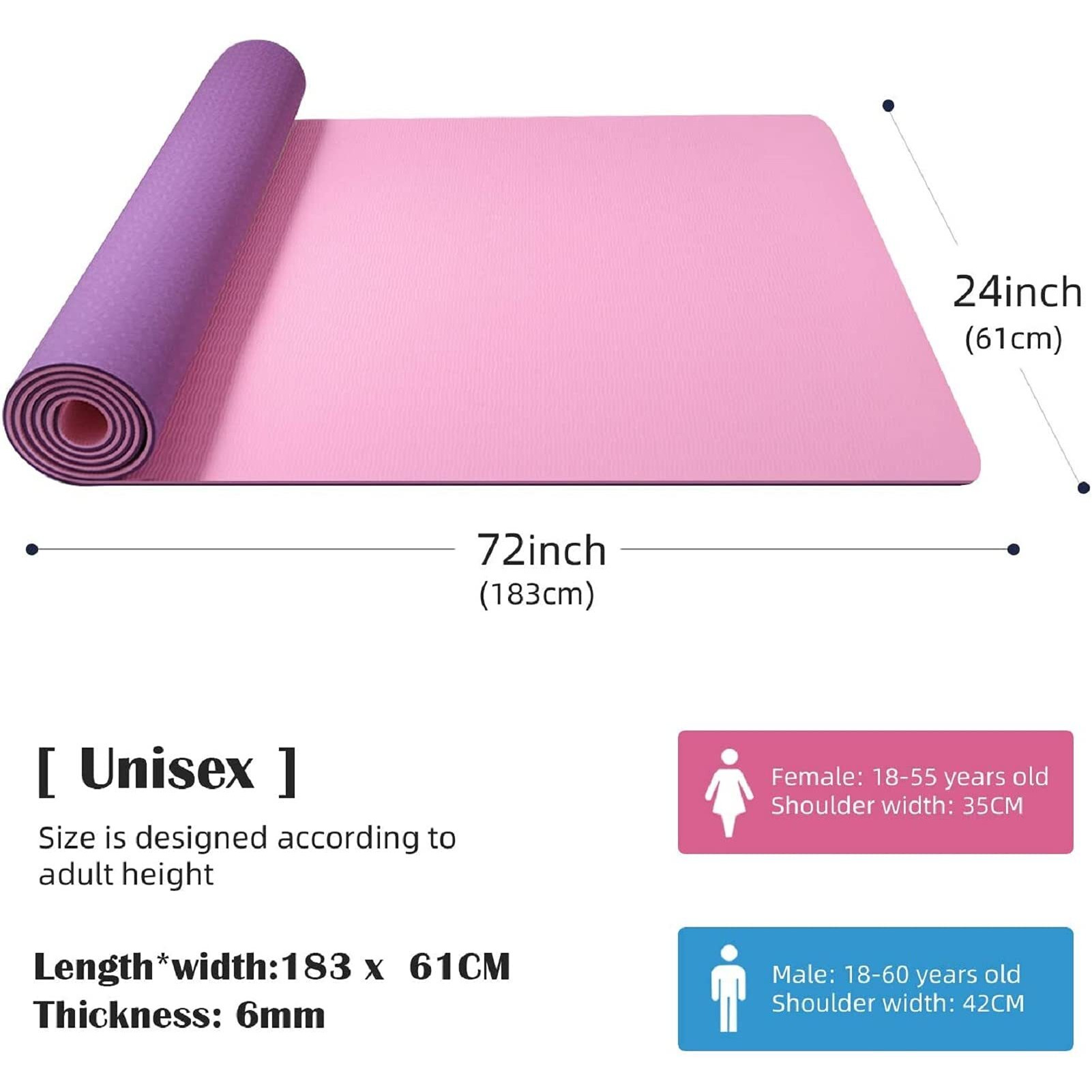 Bodylastics Yoga Mat for Men and Women with Carry Bag TPE 6ft x 2ft x 6mm Large Size Anti Slip & Anti Tear Workout Mat (Purple/Pink)