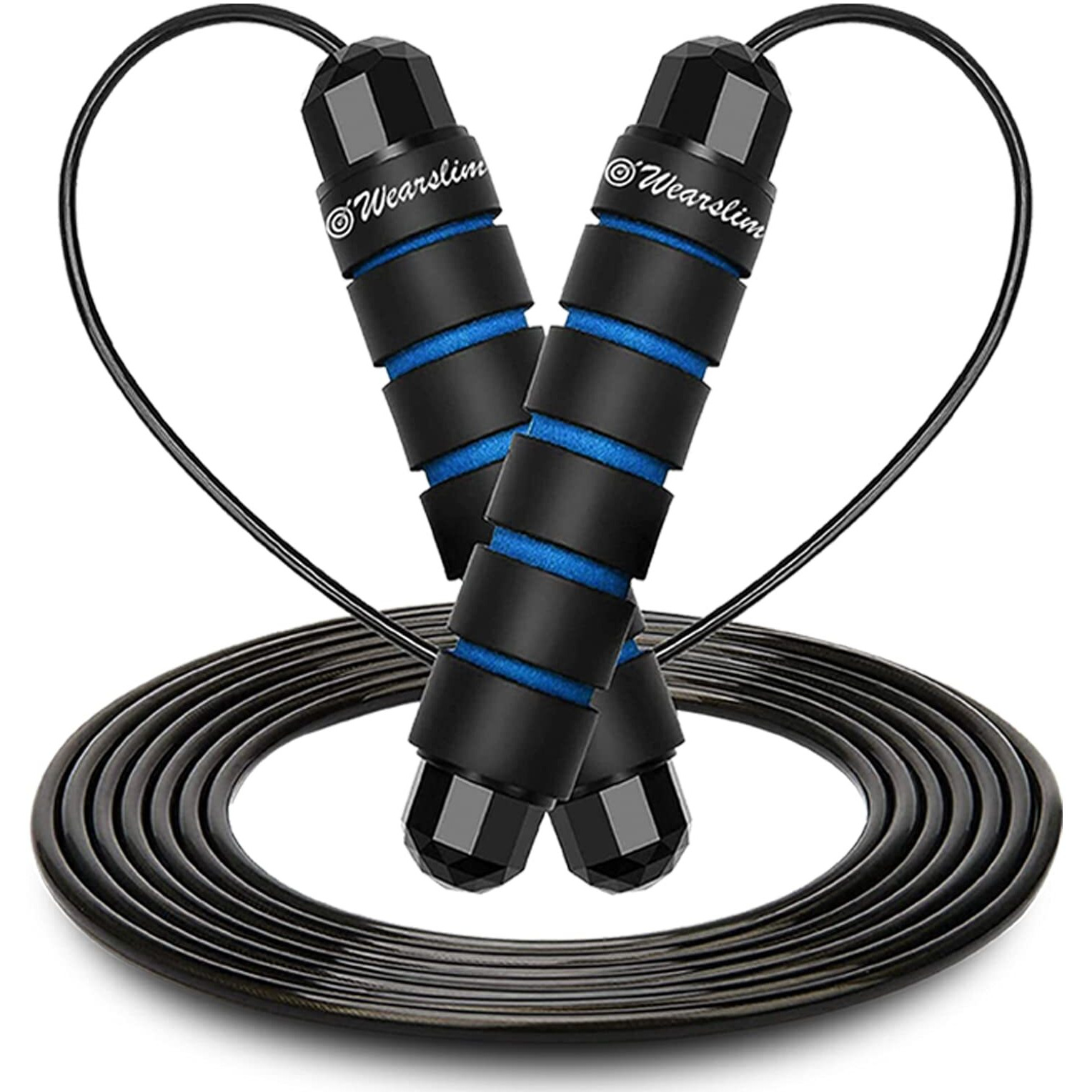 Wearslim Professional Skipping Rope with Ball Bearings Rapid Speed Jump Rope Cable and 6 Memory Foam Handles Ideal for Aerobic Exercise Like Speed Training, Extreme Jumping - Black & Blue