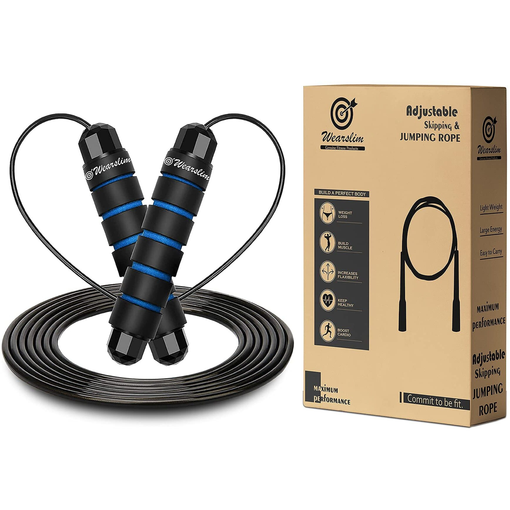 Wearslim Professional Skipping Rope with Ball Bearings Rapid Speed Jump Rope Cable and 6 Memory Foam Handles Ideal for Aerobic Exercise Like Speed Training, Extreme Jumping - Black & Blue
