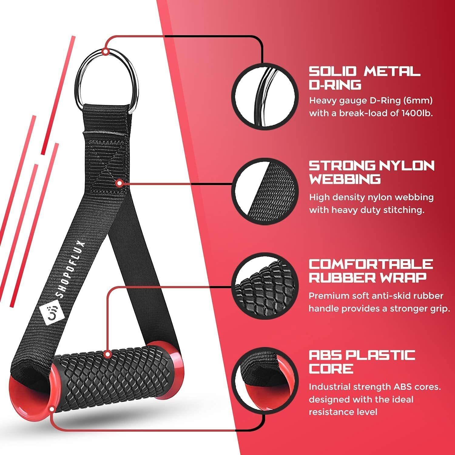 Shopoflux Heavy Duty Handles with Solid ABS Cores and Welded D-Rings for Gym Machine, Resistance Band, Cable Machines (1 Pair) (Red)