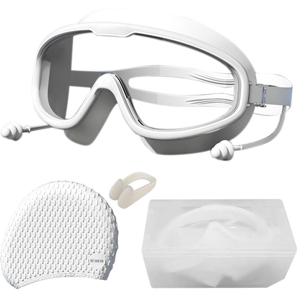 PROBEROS Adult Swim Goggles Swimming Cap Unisex Professional Swimming Goggles with Intergrated Ear Plugs, Anti-fog Diving Goggles Swimming Goggles Anti Fog Swim Goggles for Surfing, Kayaking, White