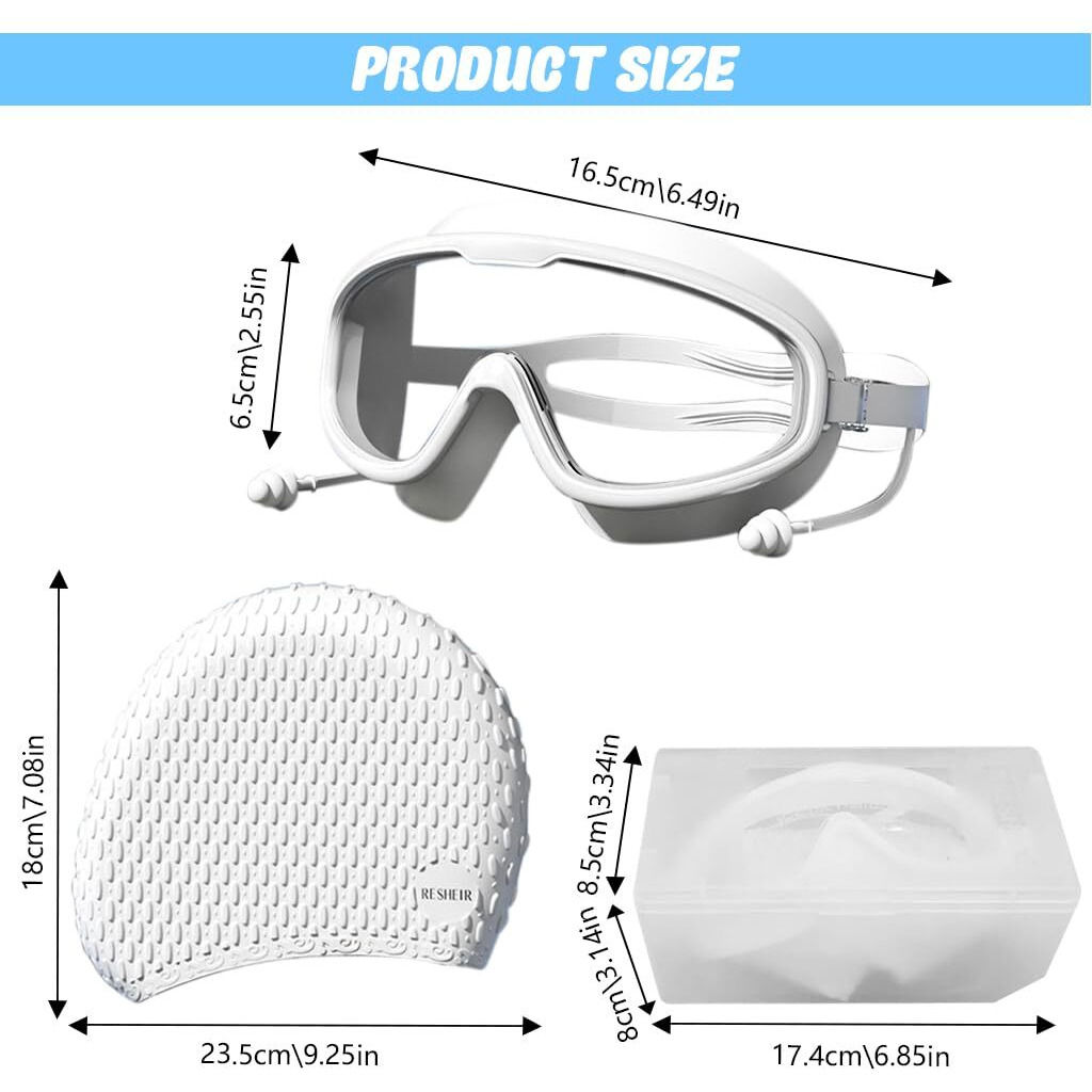 PROBEROS Adult Swim Goggles Swimming Cap Unisex Professional Swimming Goggles with Intergrated Ear Plugs, Anti-fog Diving Goggles Swimming Goggles Anti Fog Swim Goggles for Surfing, Kayaking, White