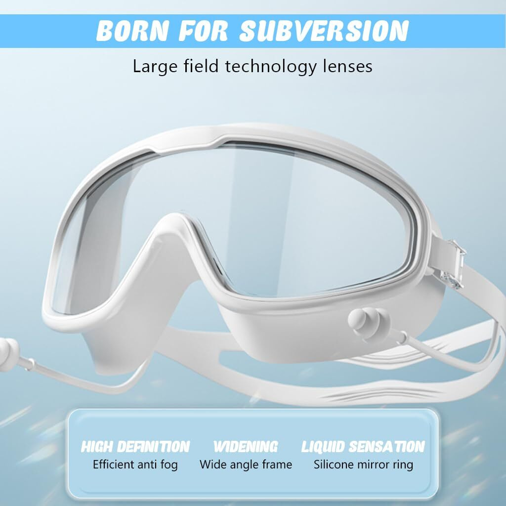 PROBEROS Adult Swim Goggles Swimming Cap Unisex Professional Swimming Goggles with Intergrated Ear Plugs, Anti-fog Diving Goggles Swimming Goggles Anti Fog Swim Goggles for Surfing, Kayaking, White