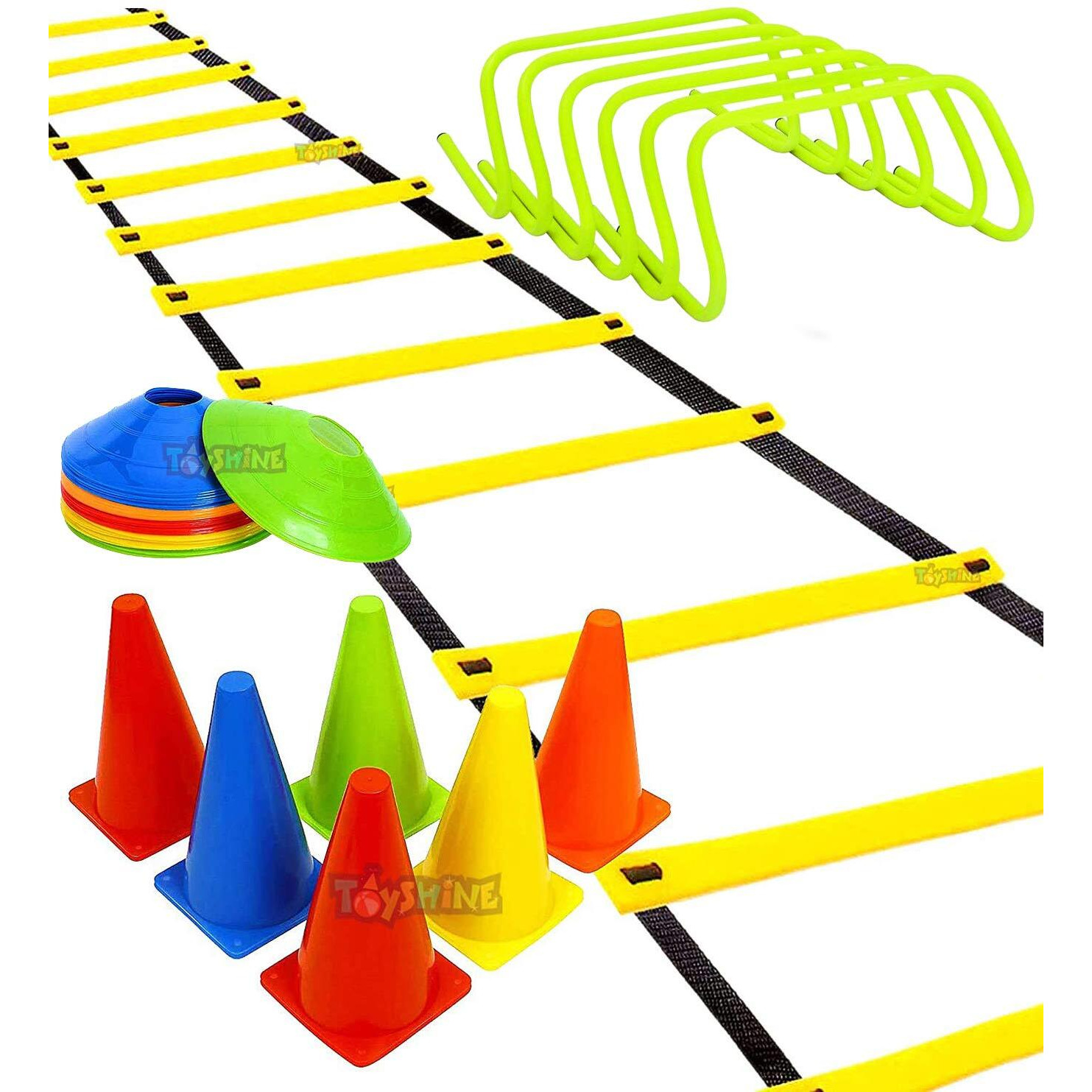 Toyshine Fitness Combo 6 pc Hurdles (12inch), 6 pc Stacking Cones (12 Inch), 10 Pc Space Markers and 1 Pc Agility Ladder (8 M) SSTP