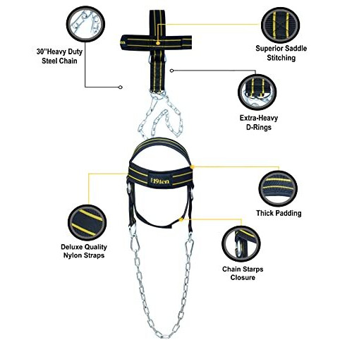 19 ten Neck and Head Strengthening Weight Harness Thick Padded Adjustable Strap with 30 Heavy Duty Steel Chain & Rings for Gym Crossfit Fitness Training Injury Rehab (Harness Yellow Line)