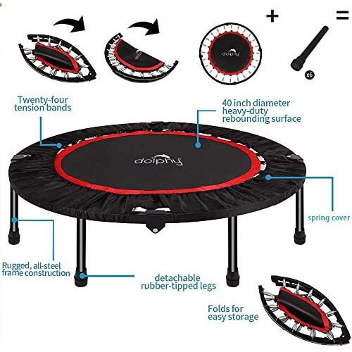 Dolphy 40  Foldable Mini Trampoline, Fitness Trampoline with Safety Pad, Stable & Quiet Exercise Rebounder for Kids Adults Indoor/Garden Workout