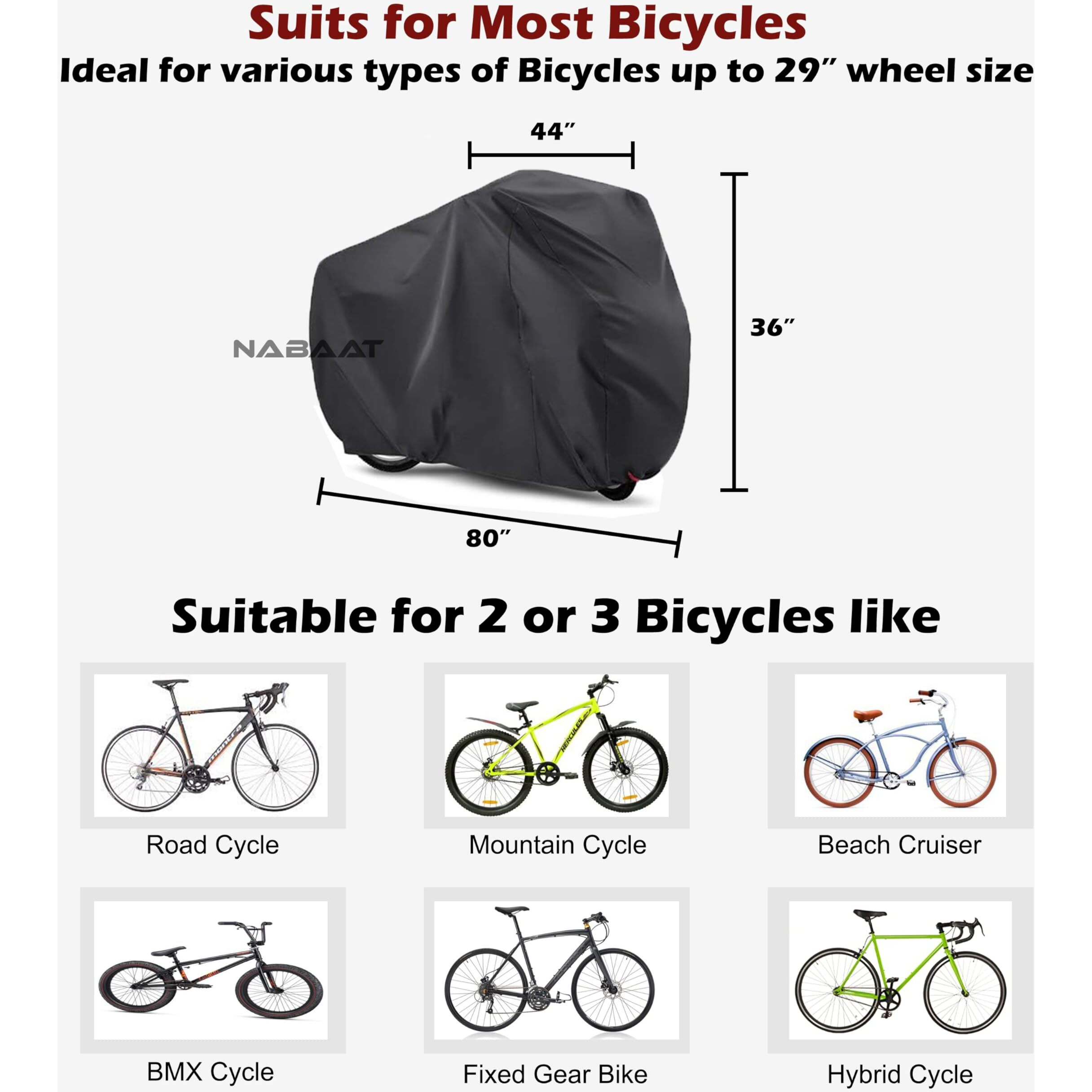 NABAAT Universal Bicycle Cover for 2 or 3 Cycles Waterproof Outdoor Rain/ Sun/ Snow/ Corrosion Protection (Black)
