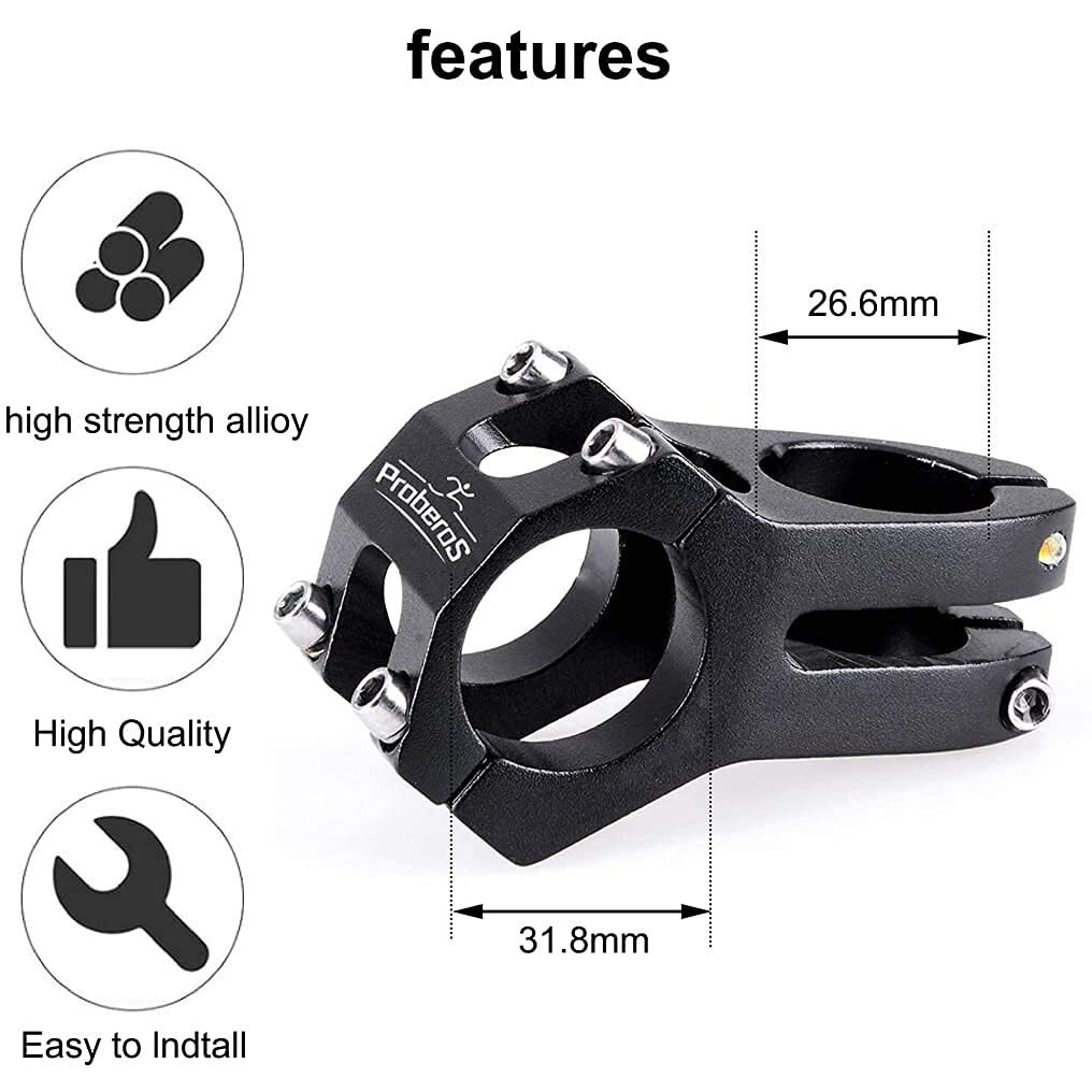 Proberos 31.8MM Aluminum Alloy Cycling Bicycle Bike MTB Handlebar Stem High-Strength Handlebar Stem Fit for Most Mountain Bike Road Bike MTB BMX Track Bike (Black)