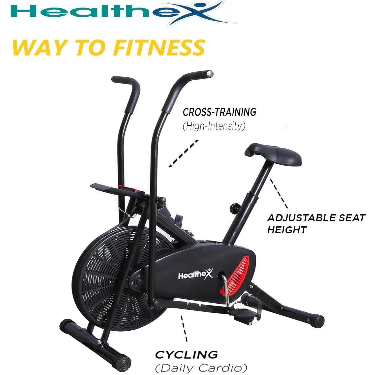 Healthex Air Bike Exercise Cycle For Home Use | Cardio Air Bike Gym Cycle for Workout with Adjustable Cushioned Seat (Octane-MovingHandles)