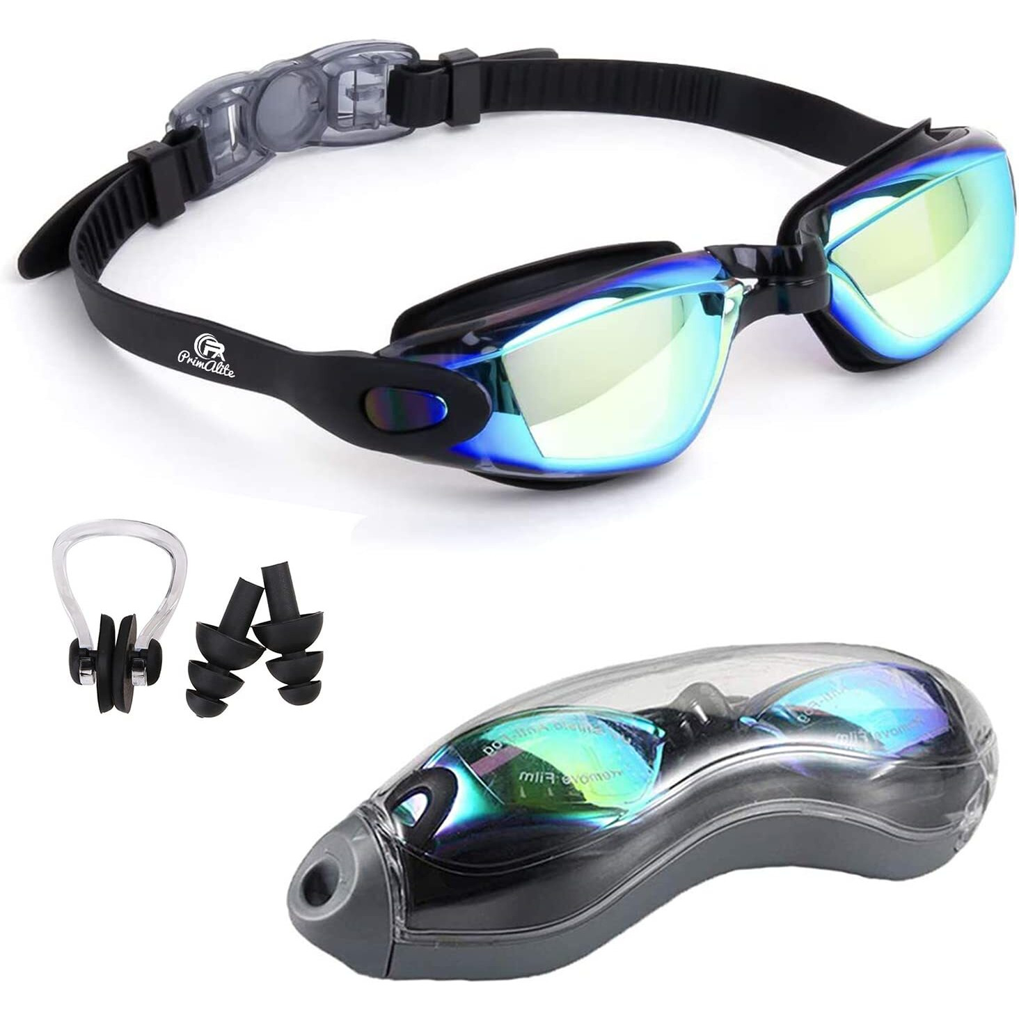 Primalite Swimming Goggles Silicone Anti-Fog, UV Protection for Adults Men Women Kids with Protection Case Kit- No Leaking Swim Glasses Professional Adjustable Strap Comfort fit- Aqua Black