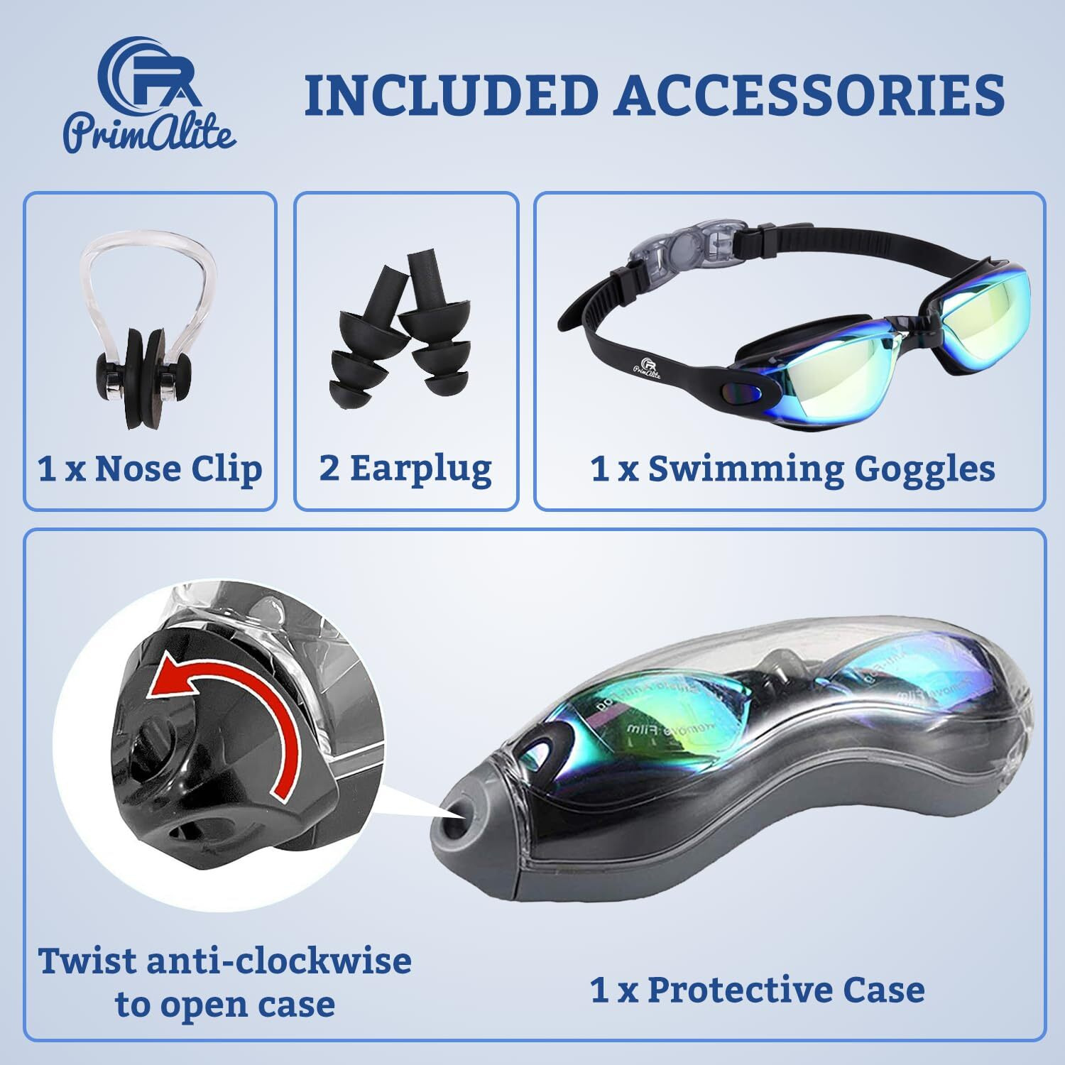 Primalite Swimming Goggles Silicone Anti-Fog, UV Protection for Adults Men Women Kids with Protection Case Kit- No Leaking Swim Glasses Professional Adjustable Strap Comfort fit- Aqua Black