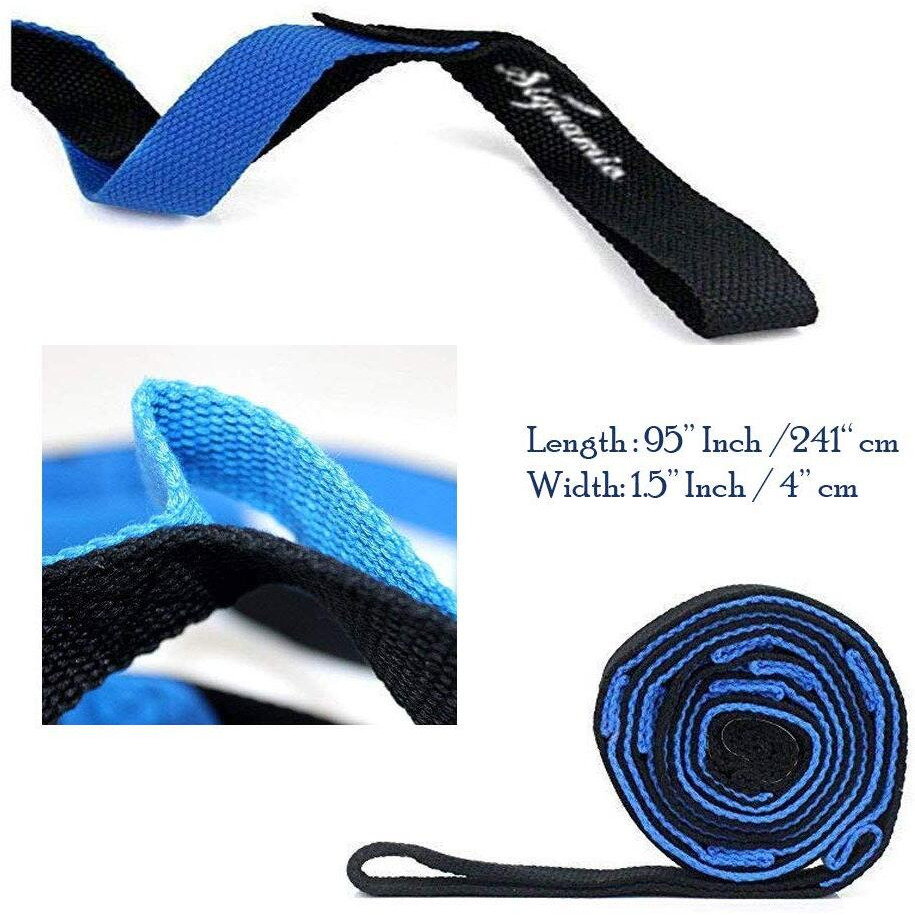SIGNAMIO Multi Grip Hamstring Yoga 12 Loop Exercise Belt Stretch Strap Band Rope for Stretching Men Women with Yoga Fitness Booklet - Blue-Black-1pcs