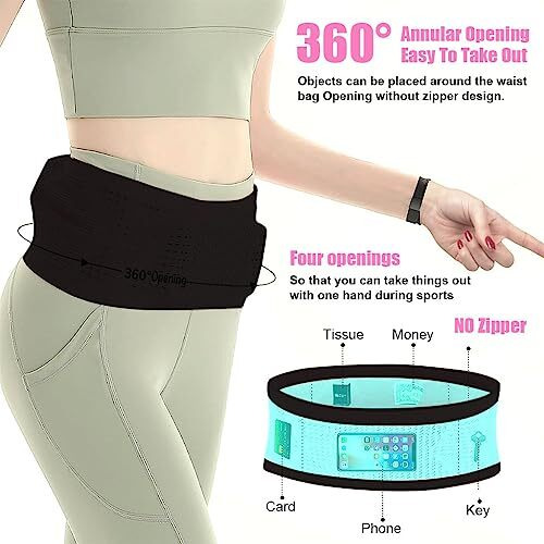 PALAY Slim Running Belt Bag with Hook Elastic Open Waist Bag for Keep Phone, Keys, Earbuds, Waist Bag with Large Capacity Running Waist Pack for Workouts, Exercise, Cycling, Travel