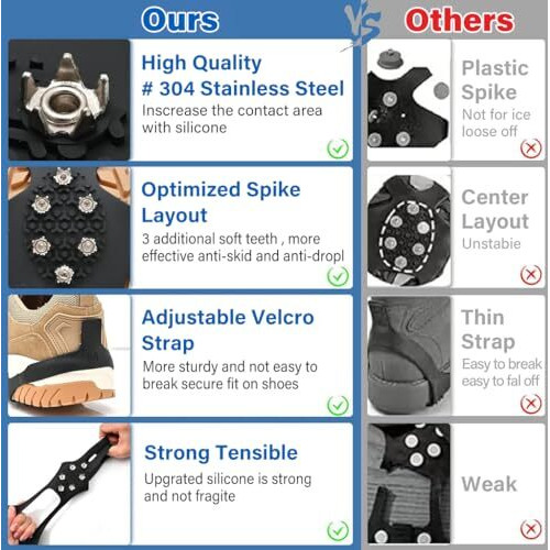 GUSTAVE Spikes Crampons, Ice Cleats for Shoes and Boots, Upgraded Version Stainless Steel Anti-Slip Grippers Shoe Spikes Grips Traction for Hiking Shoes and Boots, Hiking, Fishing Walking, L(39-44)