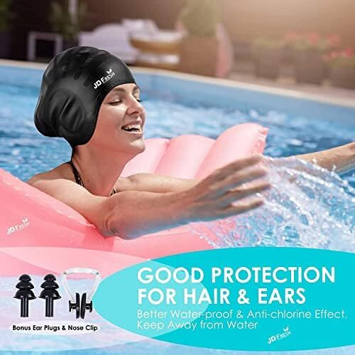 JD Fresh swimming cap for men & Women for Long hair & adults with ear cover protection Chlorine Resistant Head Cap, waterproof swimming caps for kids (Black)