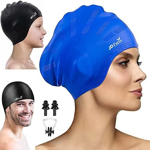 JD Fresh swimming cap for men & Women for Long hair & adults with ear cover protection Chlorine Resistant Head Cap, waterproof swimming caps for kids (Black)