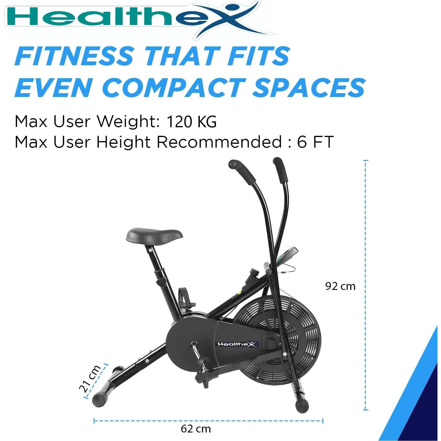 Healthex Air Bike Exercise Cycle For Home Use | Air Bike Cardio Gym Cycle for Workout with Adjustable Cushioned Seat (1213-MovingHandles)