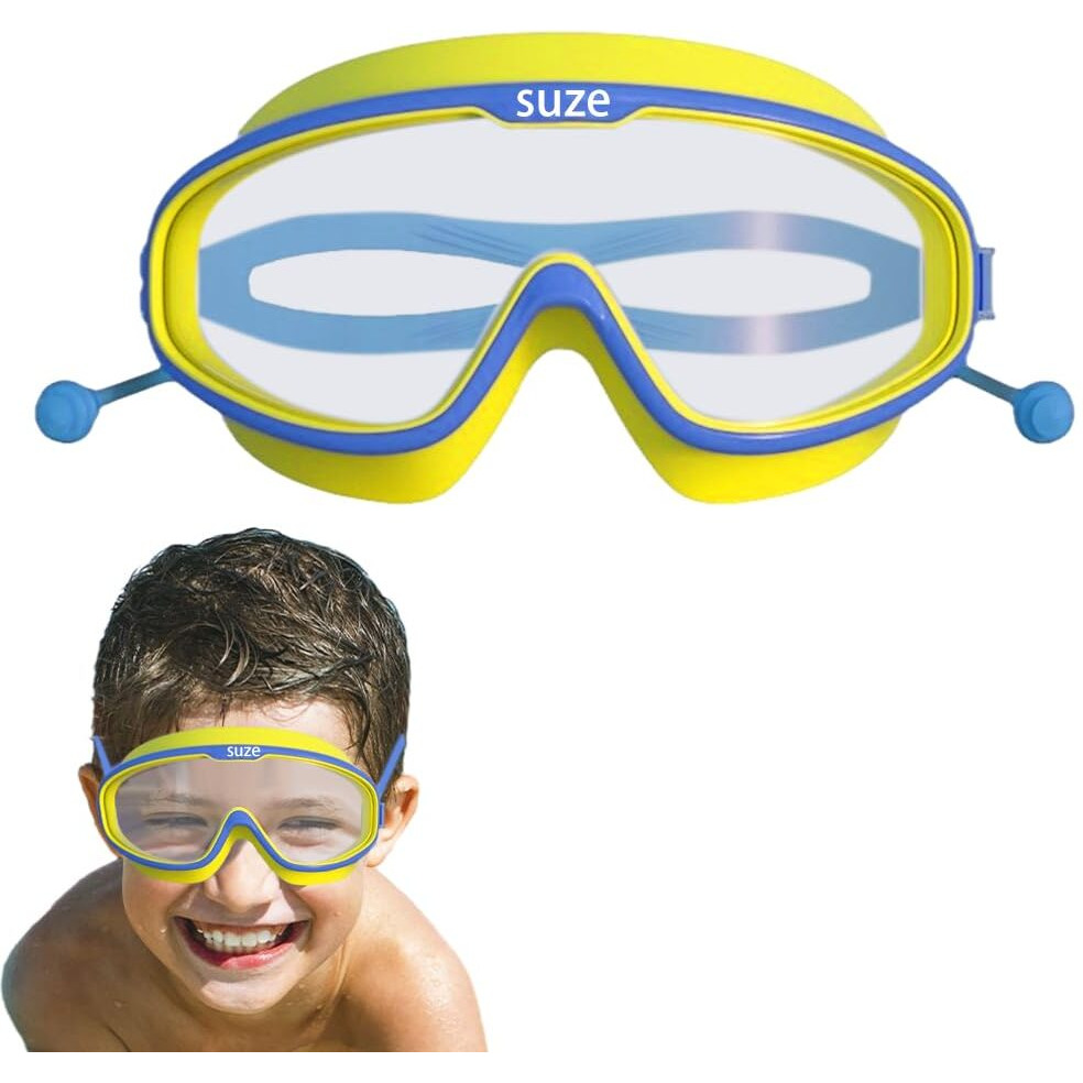 PROBEROS Kids Leakproof Anti-Fog Yellow Swimming Goggles With Integrated Ear Plugs - UV Protection Comfortable Fit Adjustable Strap for Boys & Girls Aged 3-16 - HD Clear Vision Swim Eyewear