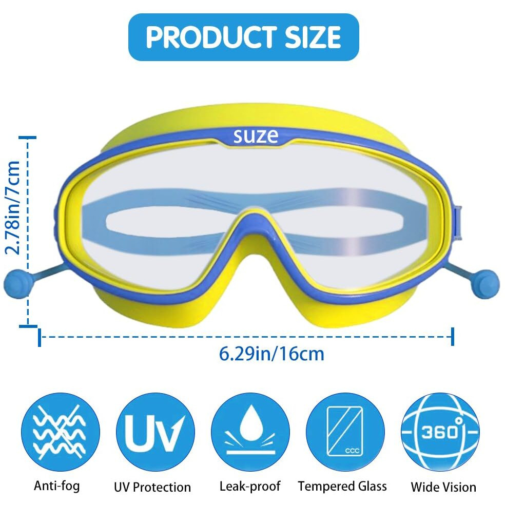 PROBEROS Kids Leakproof Anti-Fog Yellow Swimming Goggles With Integrated Ear Plugs - UV Protection Comfortable Fit Adjustable Strap for Boys & Girls Aged 3-16 - HD Clear Vision Swim Eyewear