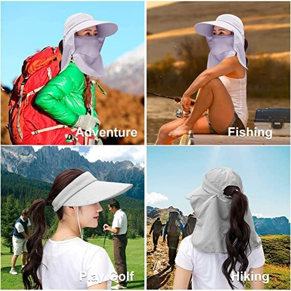 Alexvyan Polyester Women Wide Brim Face Mask Sun Hat Sunvisor Detachable Neck Face Flap Ponytail Uv Protection Sun Hat Garden Fishing Hiking Sun Protection Sun Visor (Grey), Large
