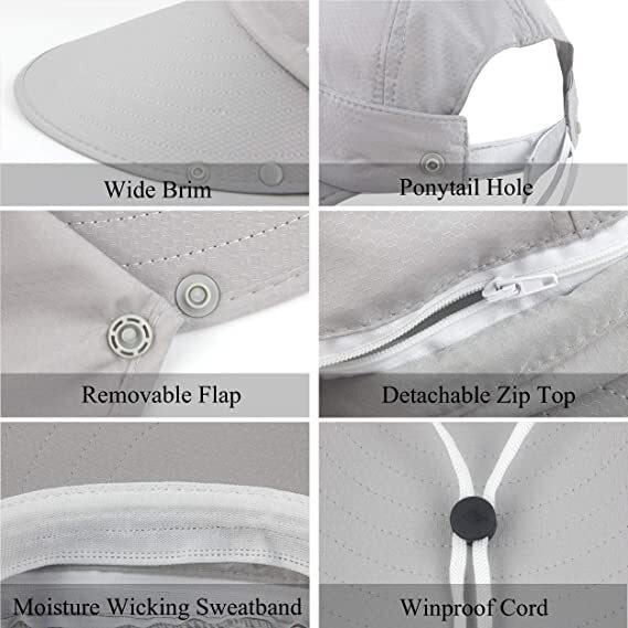 Alexvyan Polyester Women Wide Brim Face Mask Sun Hat Sunvisor Detachable Neck Face Flap Ponytail Uv Protection Sun Hat Garden Fishing Hiking Sun Protection Sun Visor (Grey), Large