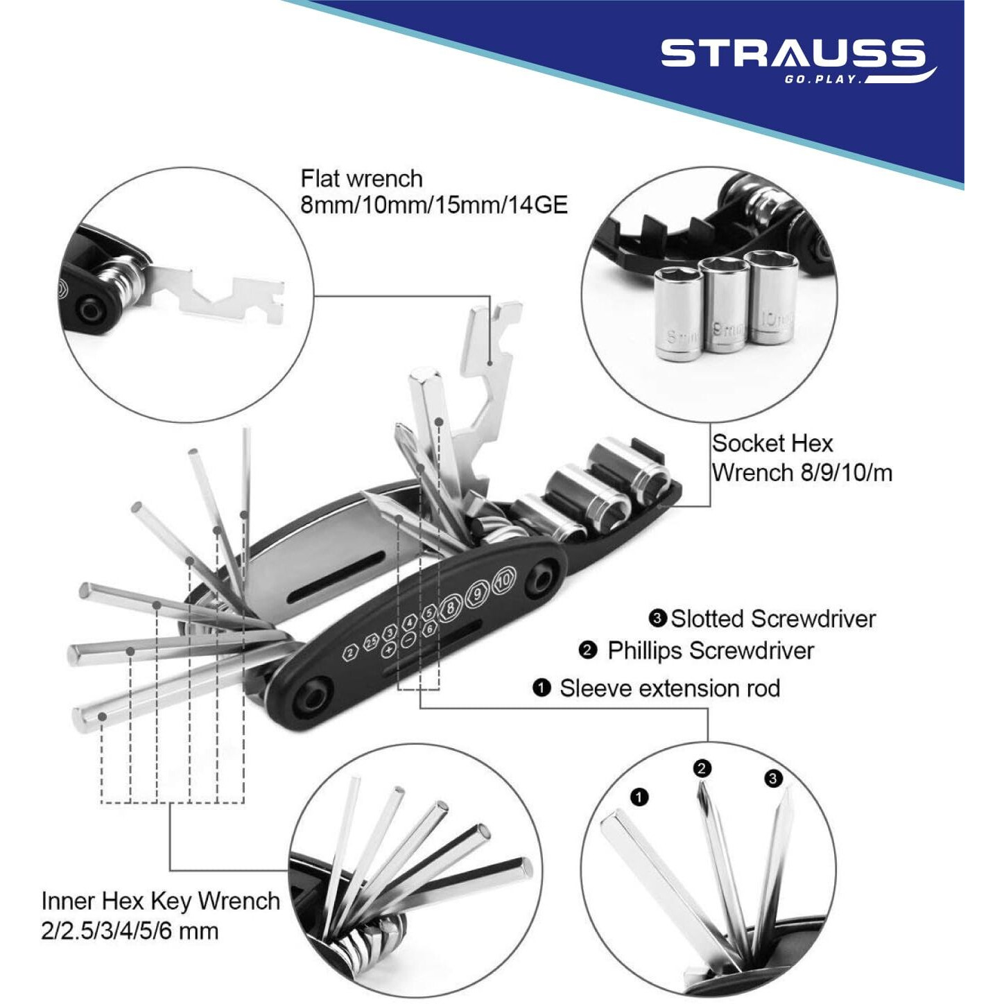 Strauss Bicycle Repair Tool Kit | 16-in-1 Multi-Purpose Set with Screwdrivers, Wrenches, Spanners, Nail Puller & Extension Rod | Portable & Compact Cycling Maintenance Equipment for Bike