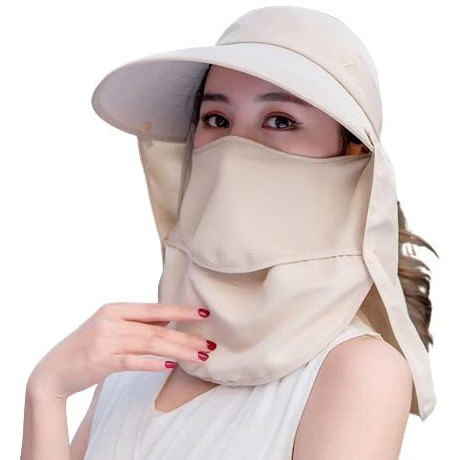 Alexvyan Polyester Women Wide Brim Face Mask Sun Hat Sunvisor Detachable Neck Face Flap Ponytail Uv Protection Sun Hat Garden Fishing Hiking Sun Protection Sun Visor (Beige), Large