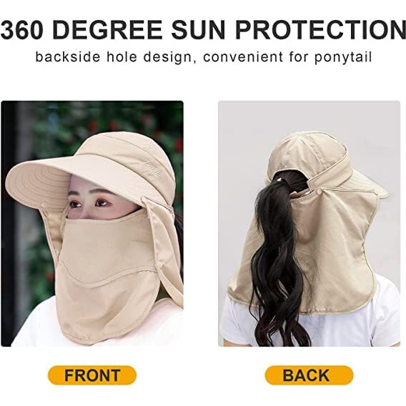 Alexvyan Polyester Women Wide Brim Face Mask Sun Hat Sunvisor Detachable Neck Face Flap Ponytail Uv Protection Sun Hat Garden Fishing Hiking Sun Protection Sun Visor (Beige), Large