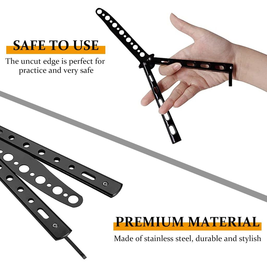 Venzina Butterfly Knives Trainer Stainless Steel with O-Ring Latch Practice Knives for Beginner, No Offensive Blade, Balisong Trainer Knives for Practice Flipping Tricks, Training Knives Tool - Black
