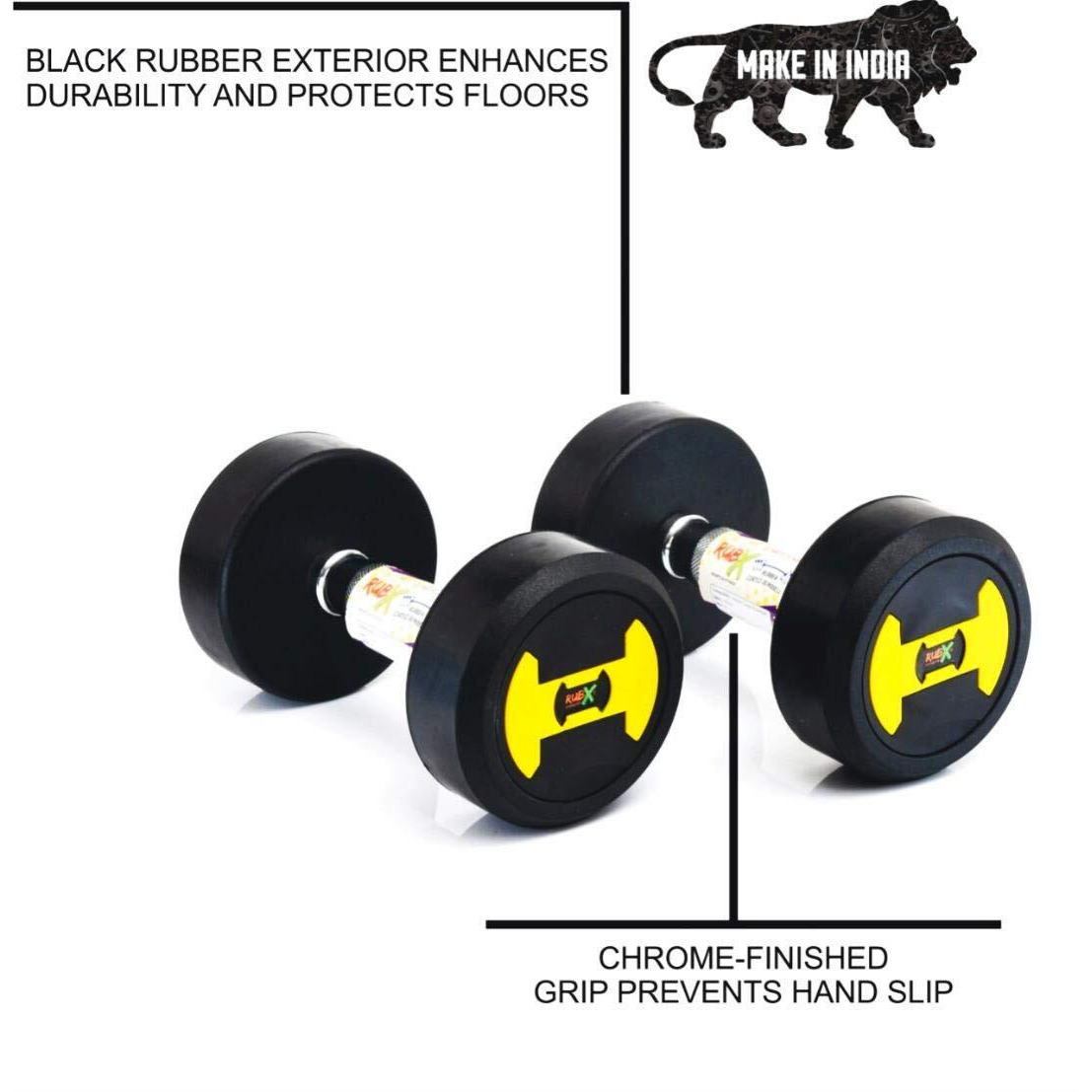 RUBX Rubber Coated Professional Round Dumbbells (Sold in Pair) (10 Kg x 2pc (Total  20 kg)) YELLOW