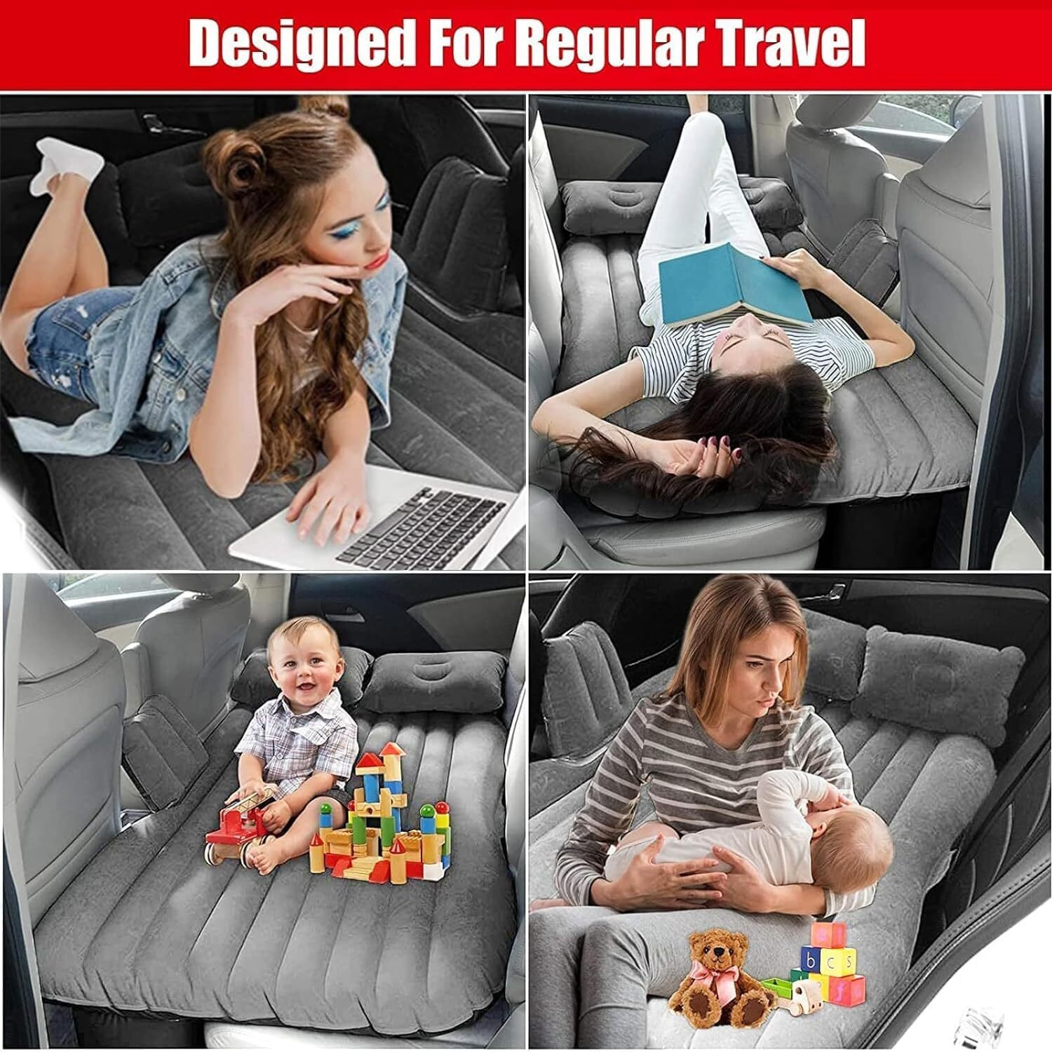 VAVSU Car Bed - Camping Mattress - Portable Travel,Sleeping, Inflatable Bed for Universal SUV Extended Air Couch with Two Air Pillows (Grey)