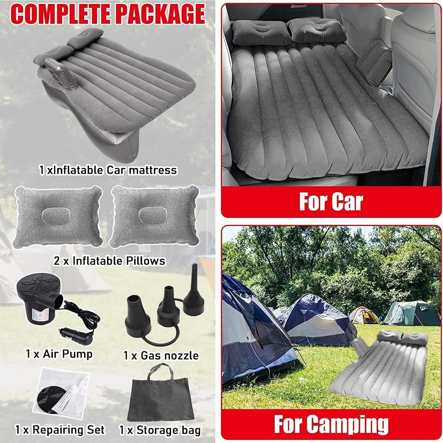 VAVSU Car Bed - Camping Mattress - Portable Travel,Sleeping, Inflatable Bed for Universal SUV Extended Air Couch with Two Air Pillows (Grey)