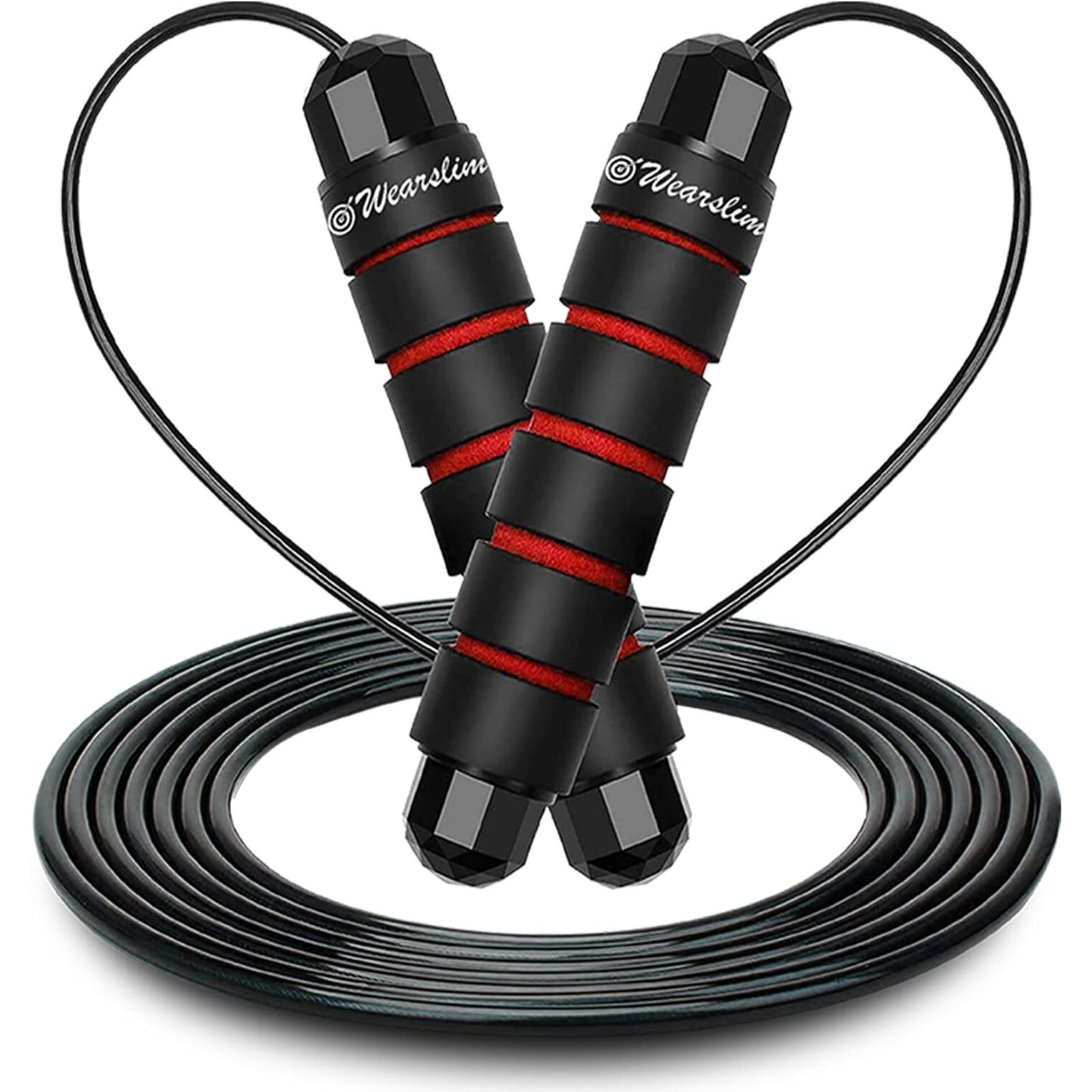 Wearslim Professional Skipping Rope with Ball Bearings Rapid Speed Jump Rope Cable and 6 Memory Foam Handles Ideal for Aerobic Exercise Like Speed Training, Extreme Jumping - Black & Red
