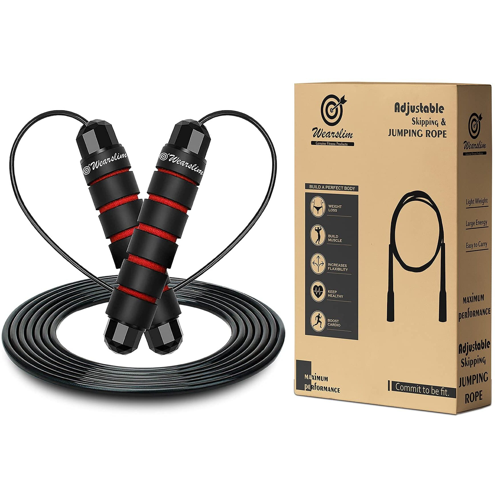 Wearslim Professional Skipping Rope with Ball Bearings Rapid Speed Jump Rope Cable and 6 Memory Foam Handles Ideal for Aerobic Exercise Like Speed Training, Extreme Jumping - Black & Red