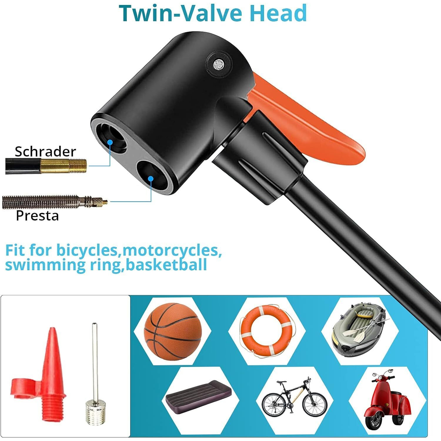QUPET Bike Pump, Mini Bicycle Pump Portable Bike Floor Pump with Presta and Schrader Valves Aluminum Alloy Floor Bicycle Air Pump Compact Mini Bike Tire Pump, Extra Valve and Gas Needle for All Bike