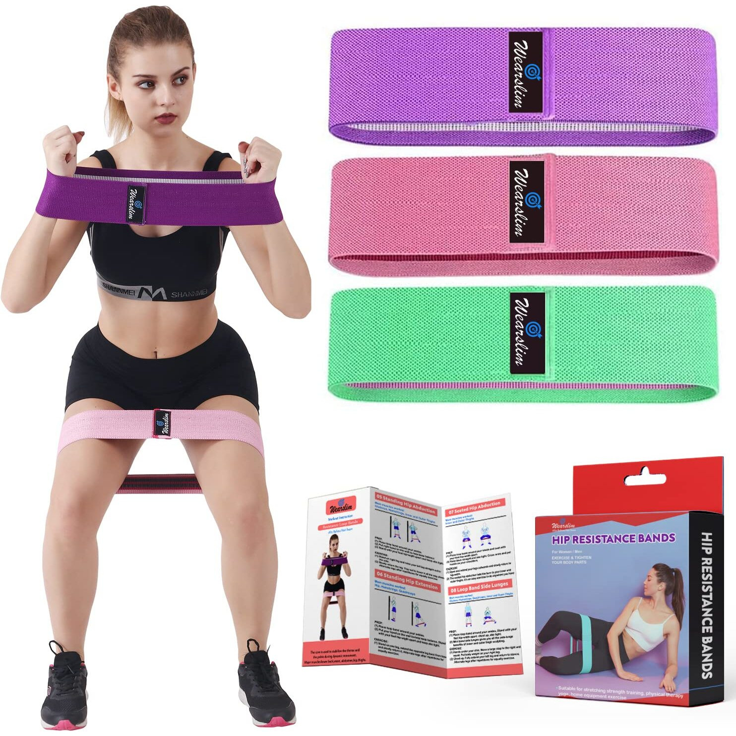 Wearslim Natural Rubber Premium Resistance Bands For Legs And Butt, Hip Resistance Bands Or Anti Slip Loop Bands For Workout Set Of 3 Bands - S(12.5 )-M(14.5 )-L(16.5 ) | With Work Out Plan