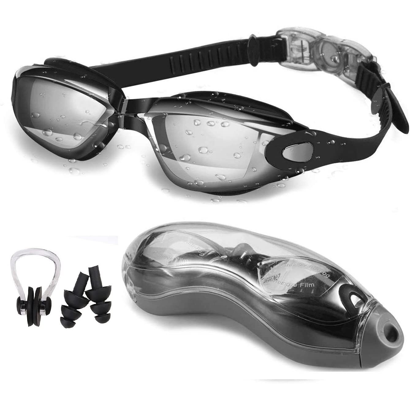 PRIME DEALS Mirrored Wide-Vision Swim Goggles Pro Clear Lens & Swimming Goggles with UV and Anti Fog Protection for Adult Men Women with Free Protective Case, Nose Clip, Ear Plugs (Grey)
