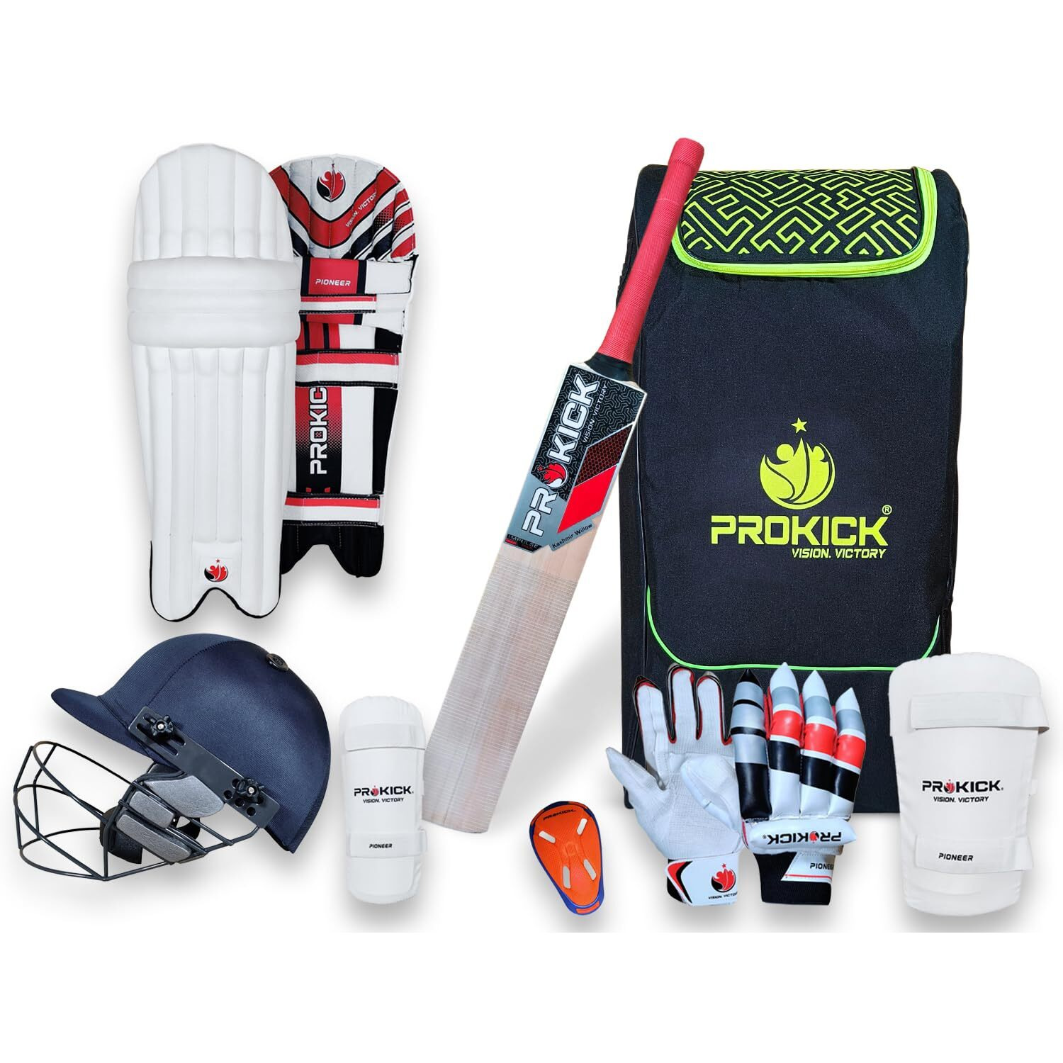 Prokick Megakit Kashmir Willow Full Cricket Kit with Helmet, Black/Red Camouflage - Size 6