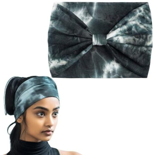 XFYT Tie-Dye Workout Fashion Hair Bands | Super Soft Stretch Microfibre high absorbtion Wide Head Band for Women Girls Yoga Sports Fitness Gym Bandana (Black)