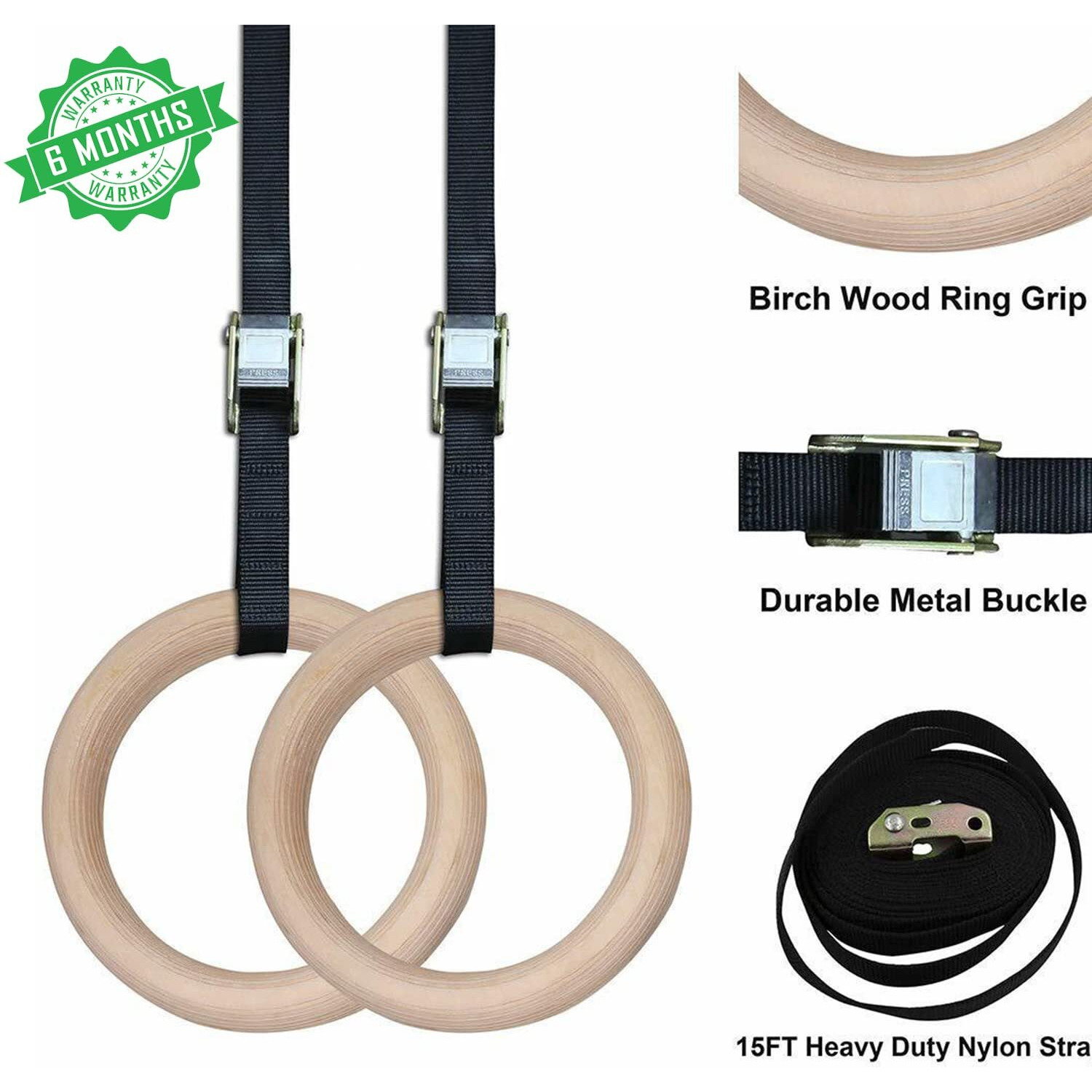 FirstFit Wooden Gymnastics Rings, Roman Ring 1000 lbs Capacity with 14.5ft Adjustable Buckle Straps for Cross Fitness Functional Training for Home Gym Full Body Workout - Off White