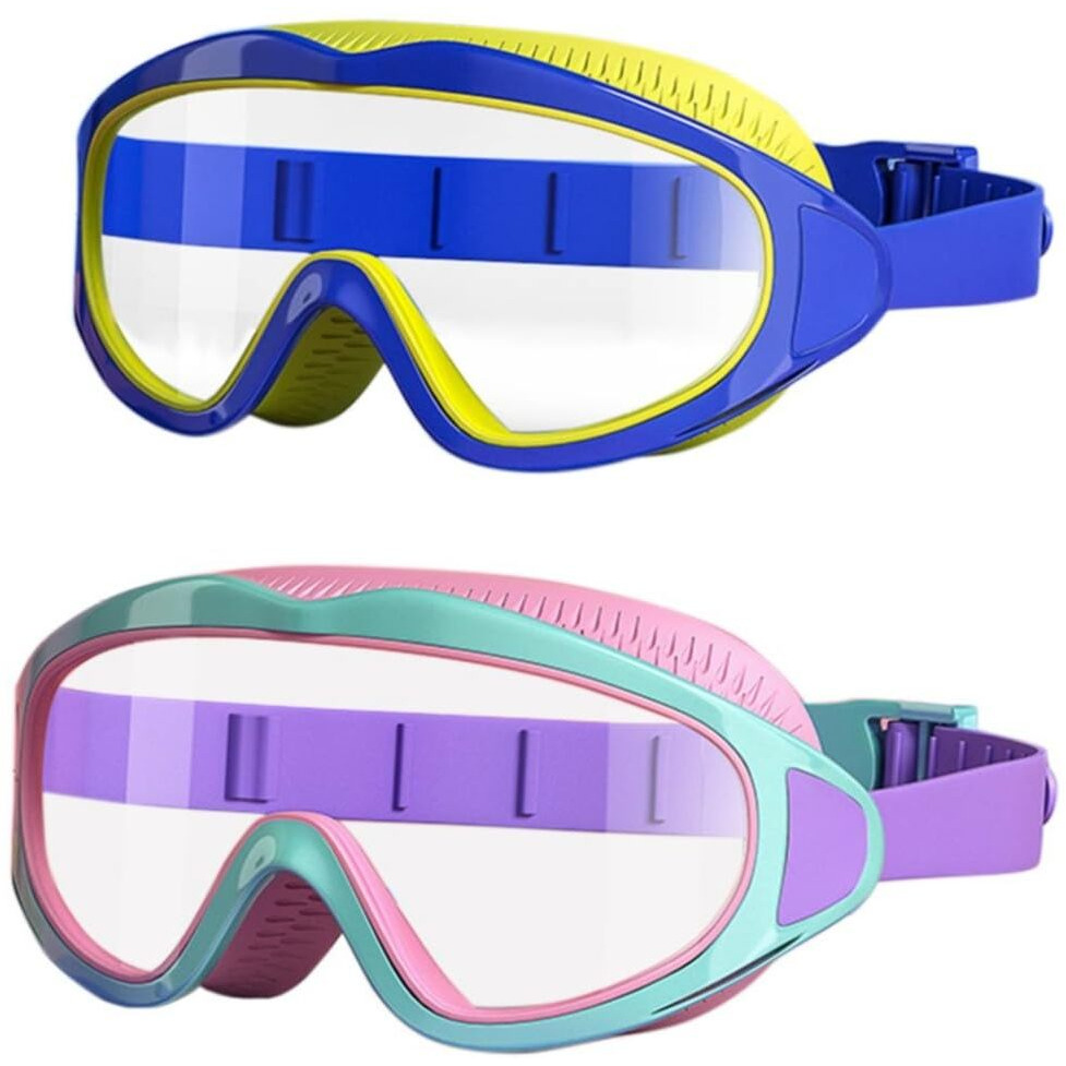 PROBEROS 2 pack Big Frame Swimming Goggles Leakproof Swimming Goggles for Age 3-16 Kids Swim Goggles with Anti Fog and UV Protection for Boys Girls (Blue+pink)