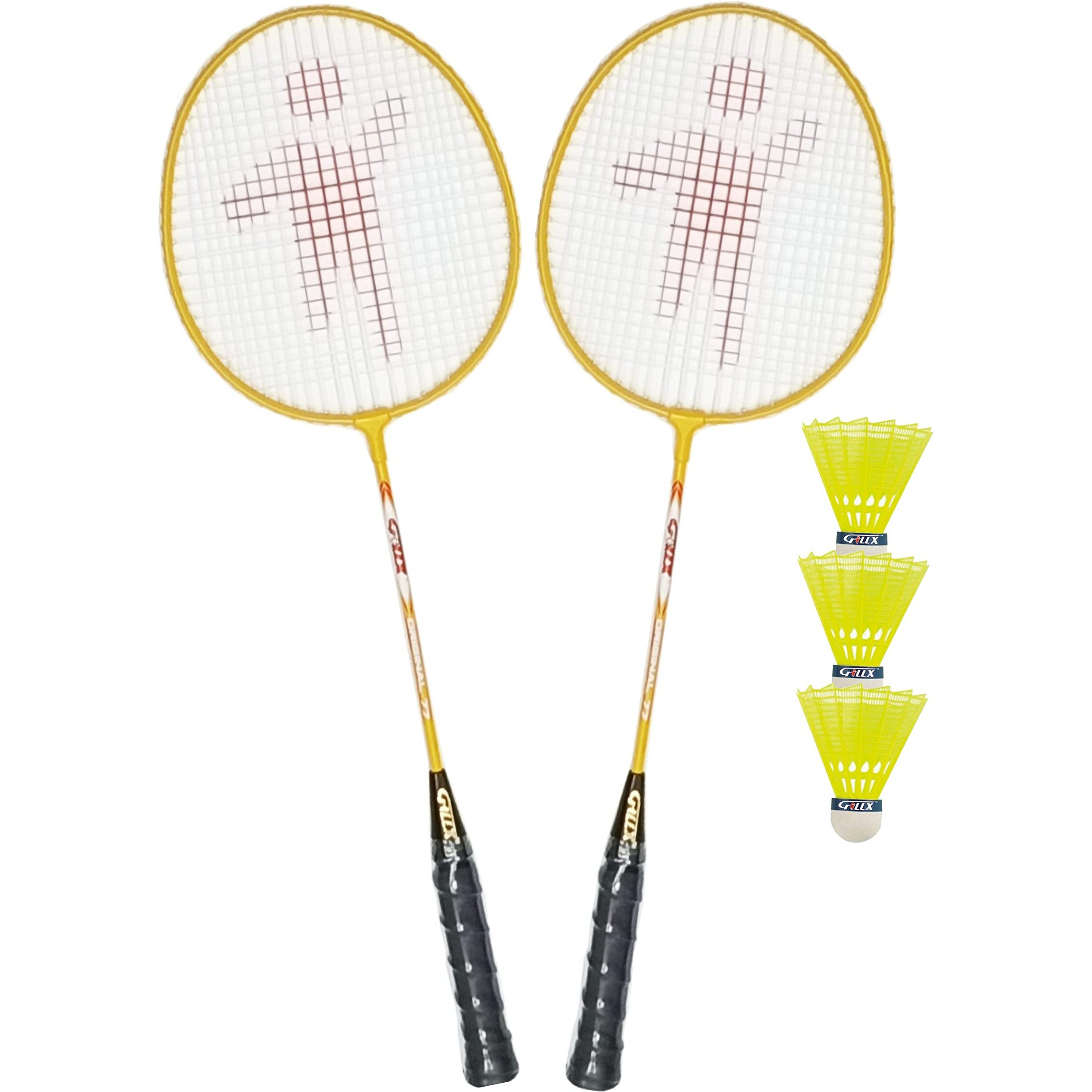 GILLX Badminton Rackets 2 Piece Wx 55 with 3 Nylon Shuttle Cocks for Adults & Kids, Yellow