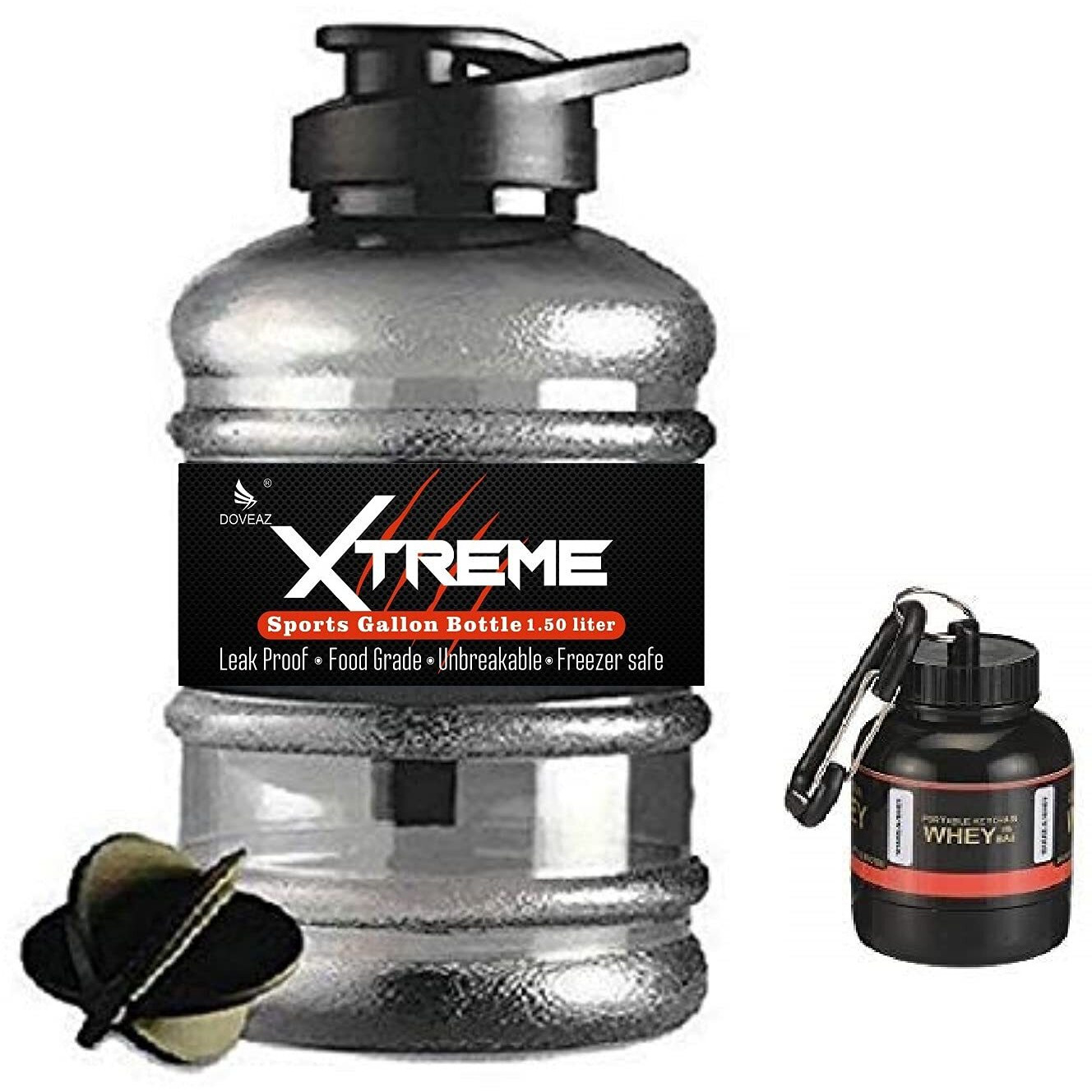 Doveaz Gym Gallon Water Bottle With Protein Funnel Container With Key-Chain, Gym Bottles For Men, Protein Shaker Bottle - Bpa-Free, Unbreakable, Freezer Safe (1500Ml, Black) - Plastic