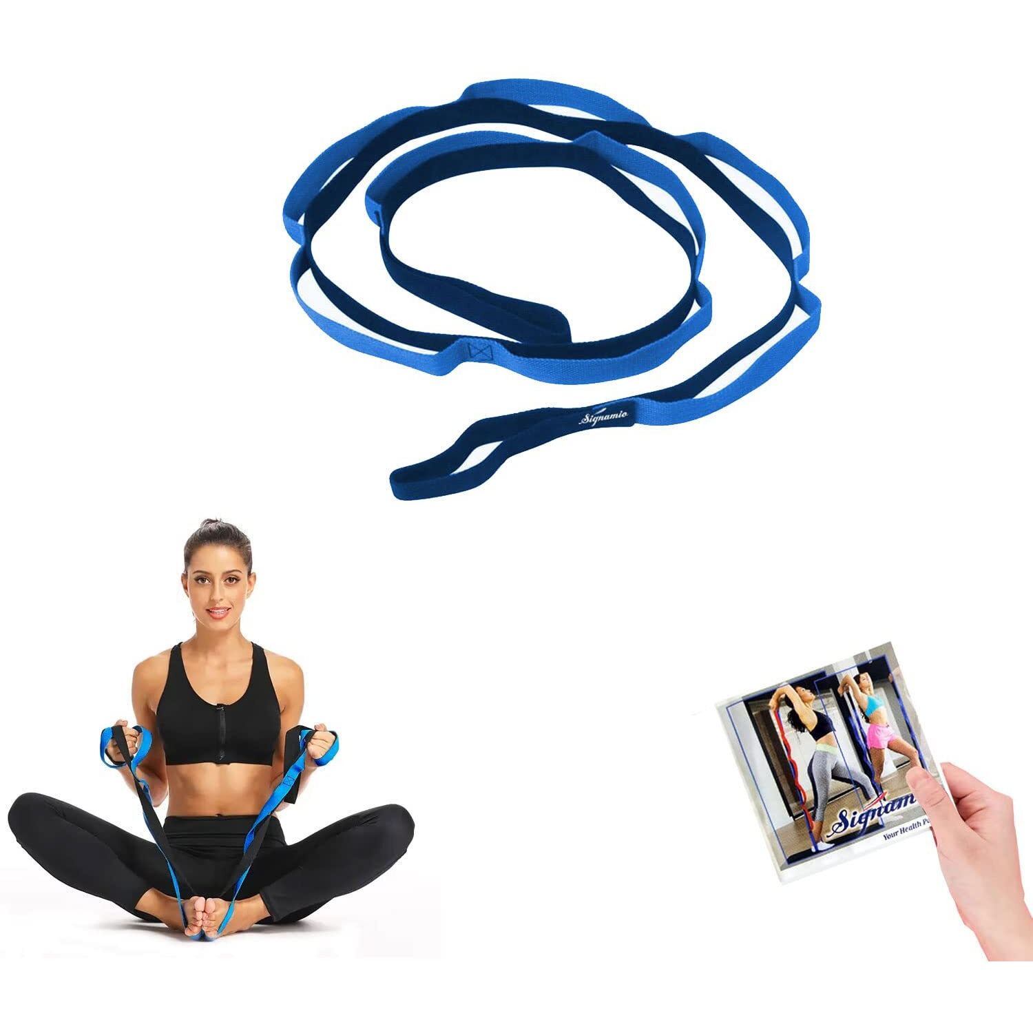 SIGNAMIO Multi Grip Hamstring Yoga 8 Loop Exercise Belt Stretch Strap Band Rope for Stretching Men Women with Yoga Fitness Booklet - Blue-Black-1pcs
