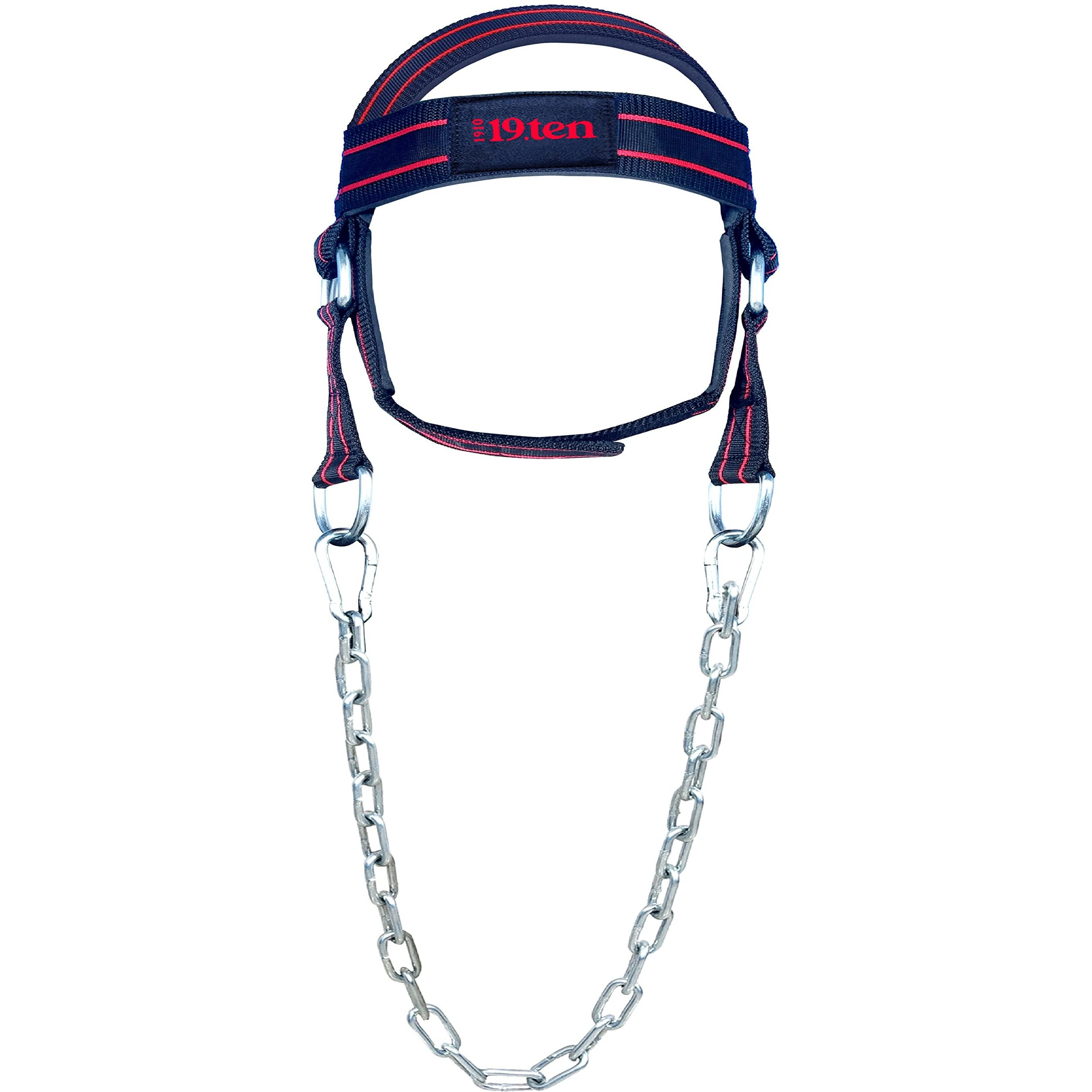19ten Neck and Head Strengthening Weight Harness Thick Padded Adjustable Strap with 30 Heavy Duty Steel Chain & Rings for Gym Crossfit Fitness Training Injury Rehab (Harness Red Line)