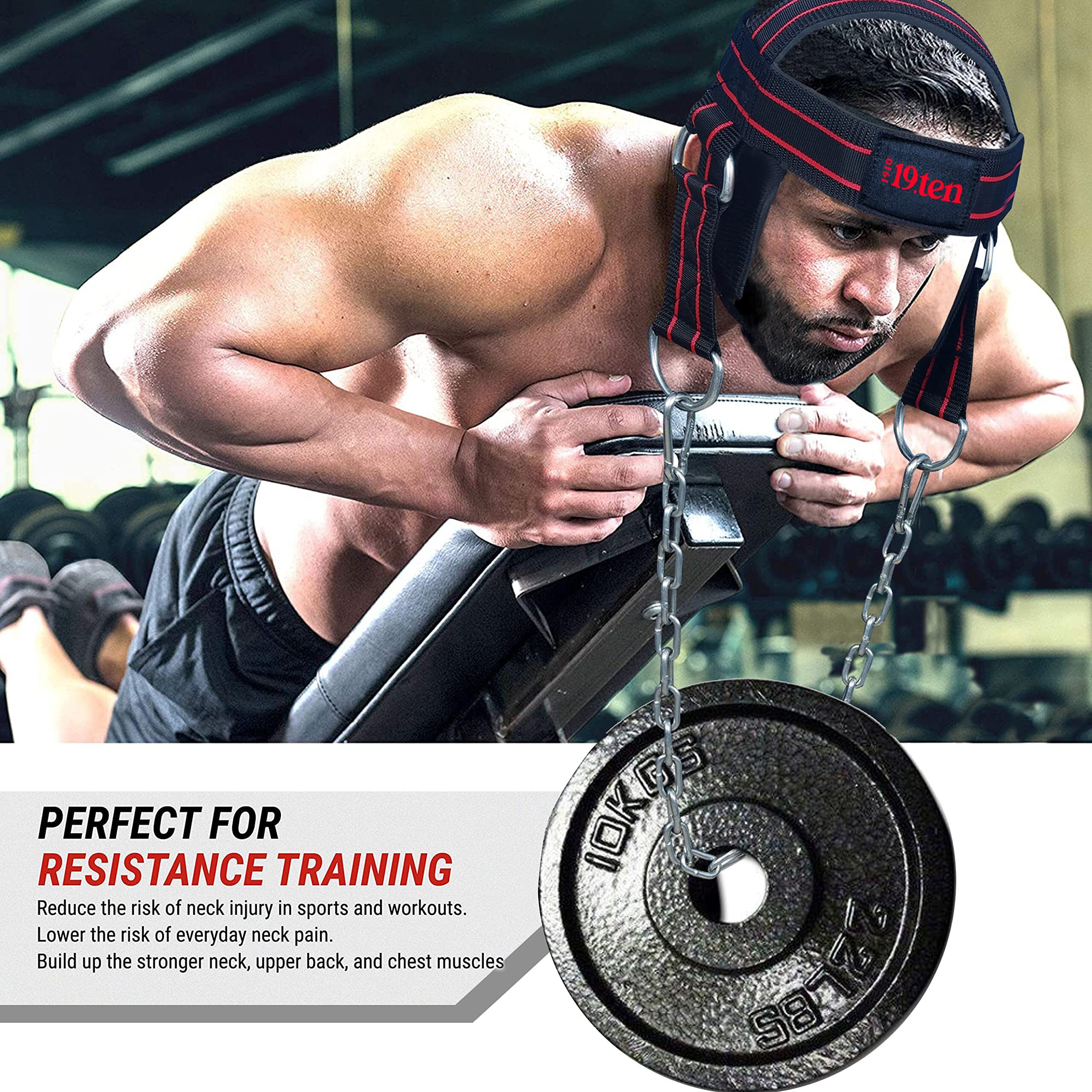 19ten Neck and Head Strengthening Weight Harness Thick Padded Adjustable Strap with 30 Heavy Duty Steel Chain & Rings for Gym Crossfit Fitness Training Injury Rehab (Harness Red Line)