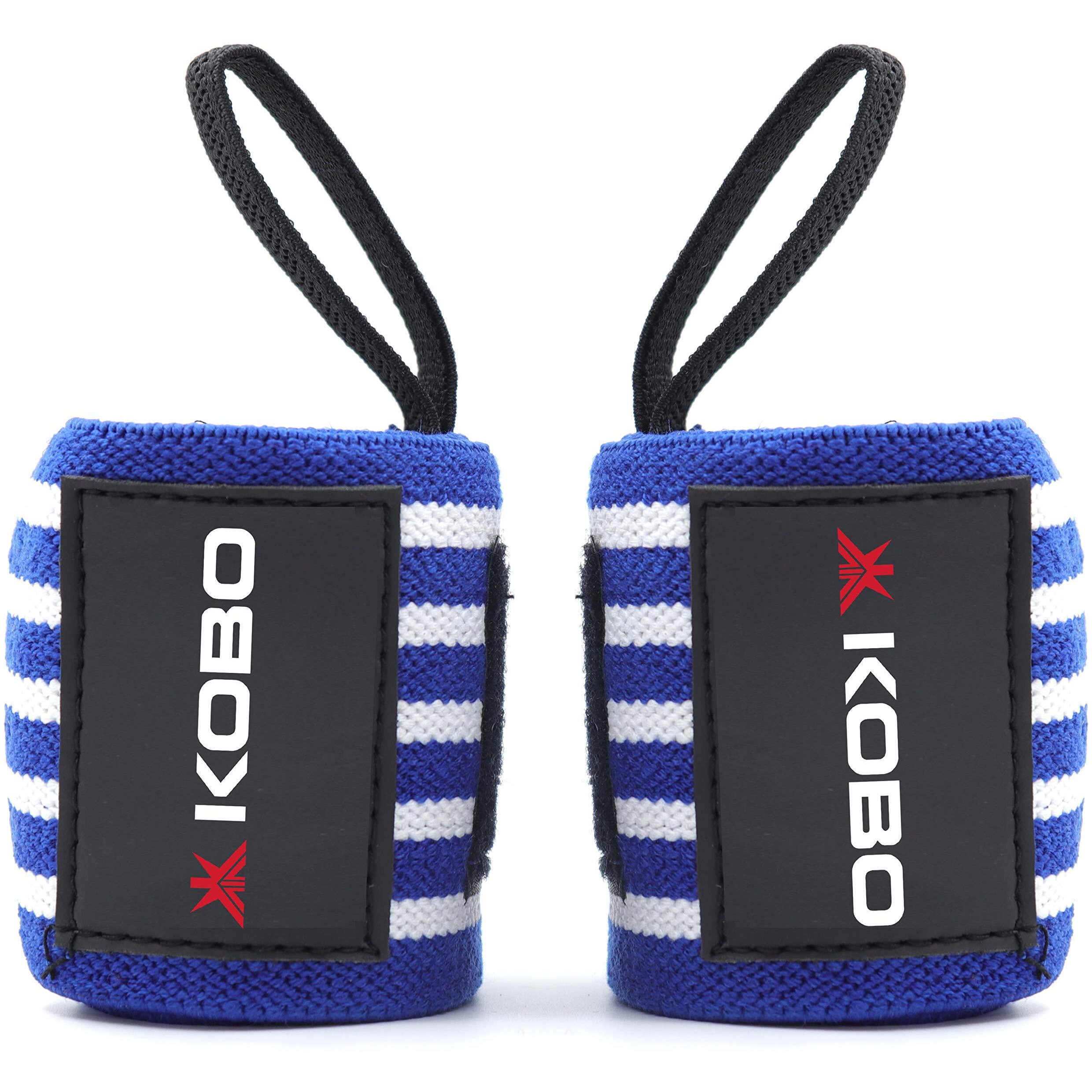 Kobo WTA-42 Blue White Wrist Wraps with Thumb Loop - Professional Wrist Support Braces for Men & Women - Weight Lifting Cross FitnessPower Lifting Strength Training (Blue-White)